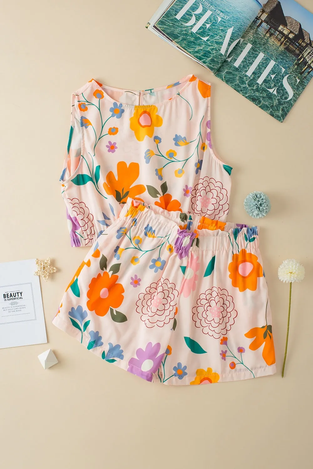 🌸 Printed Round Neck Sleeveless Top and Shorts Set 🌸