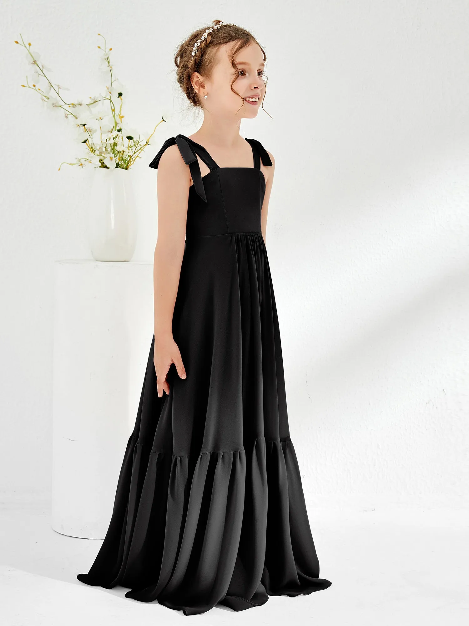 A-Line Bow Ruffle Junior Bridesmaid Dresses Black