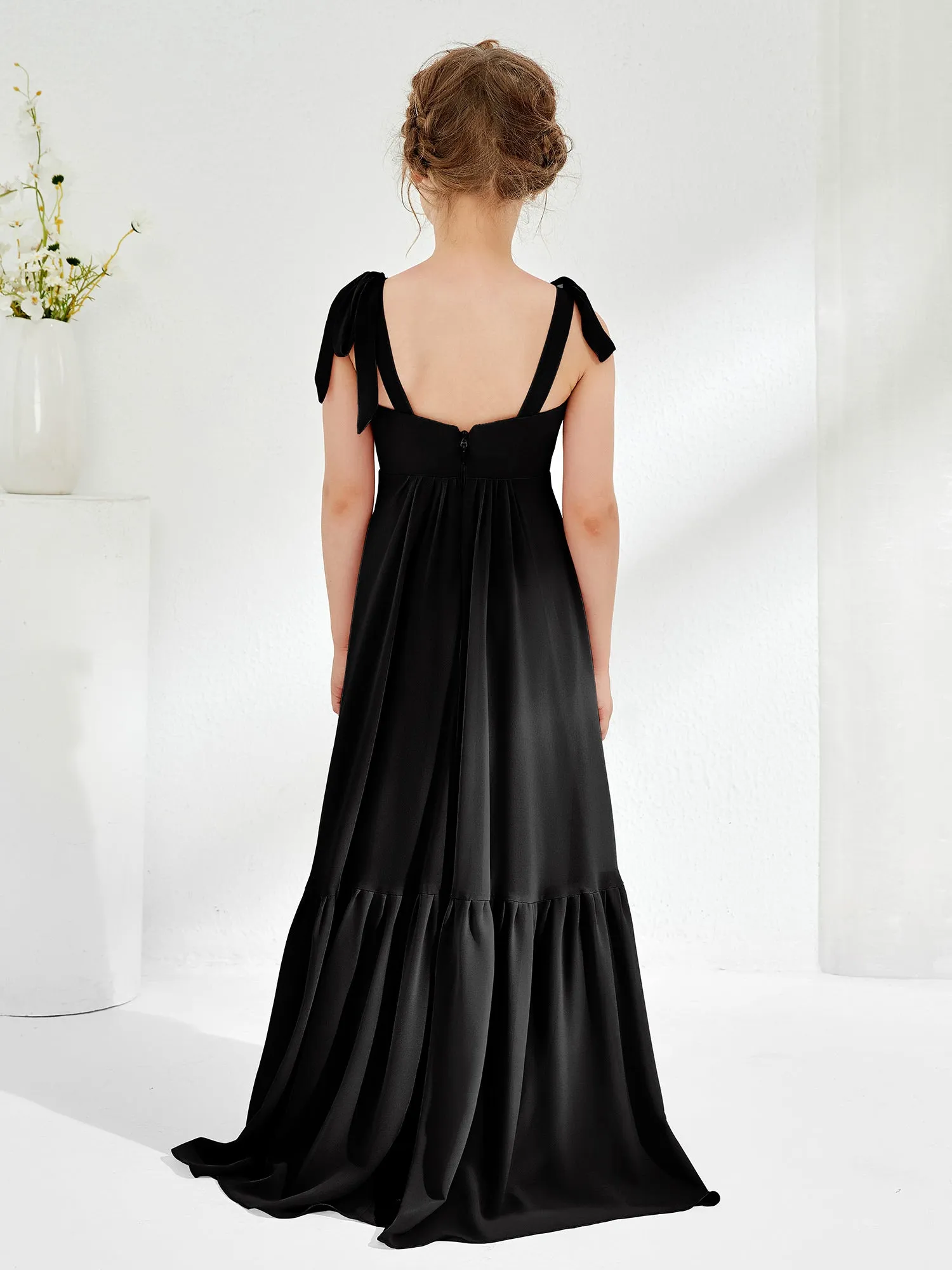 A-Line Bow Ruffle Junior Bridesmaid Dresses Black