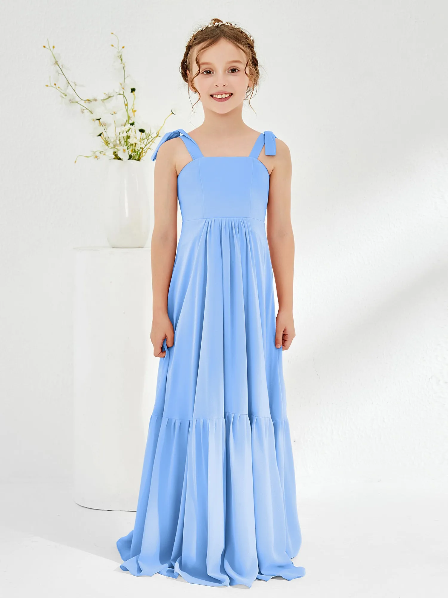 A-Line Bow Ruffle Junior Bridesmaid Dresses Blue