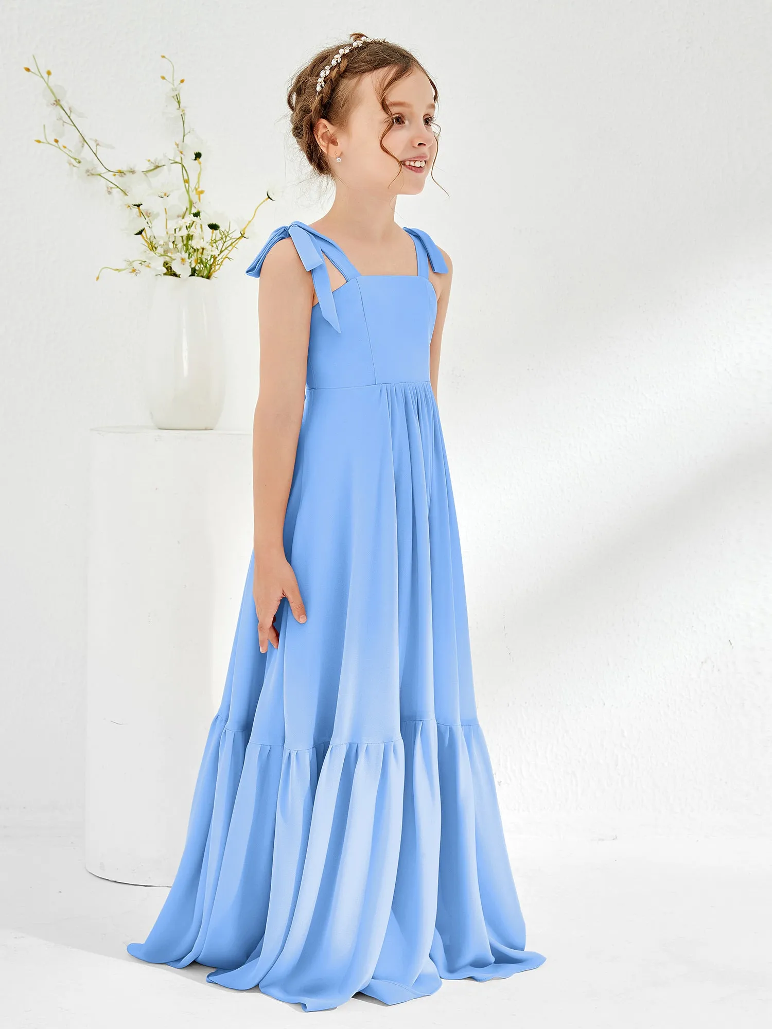 A-Line Bow Ruffle Junior Bridesmaid Dresses Blue