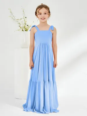 A-Line Bow Ruffle Junior Bridesmaid Dresses Blue