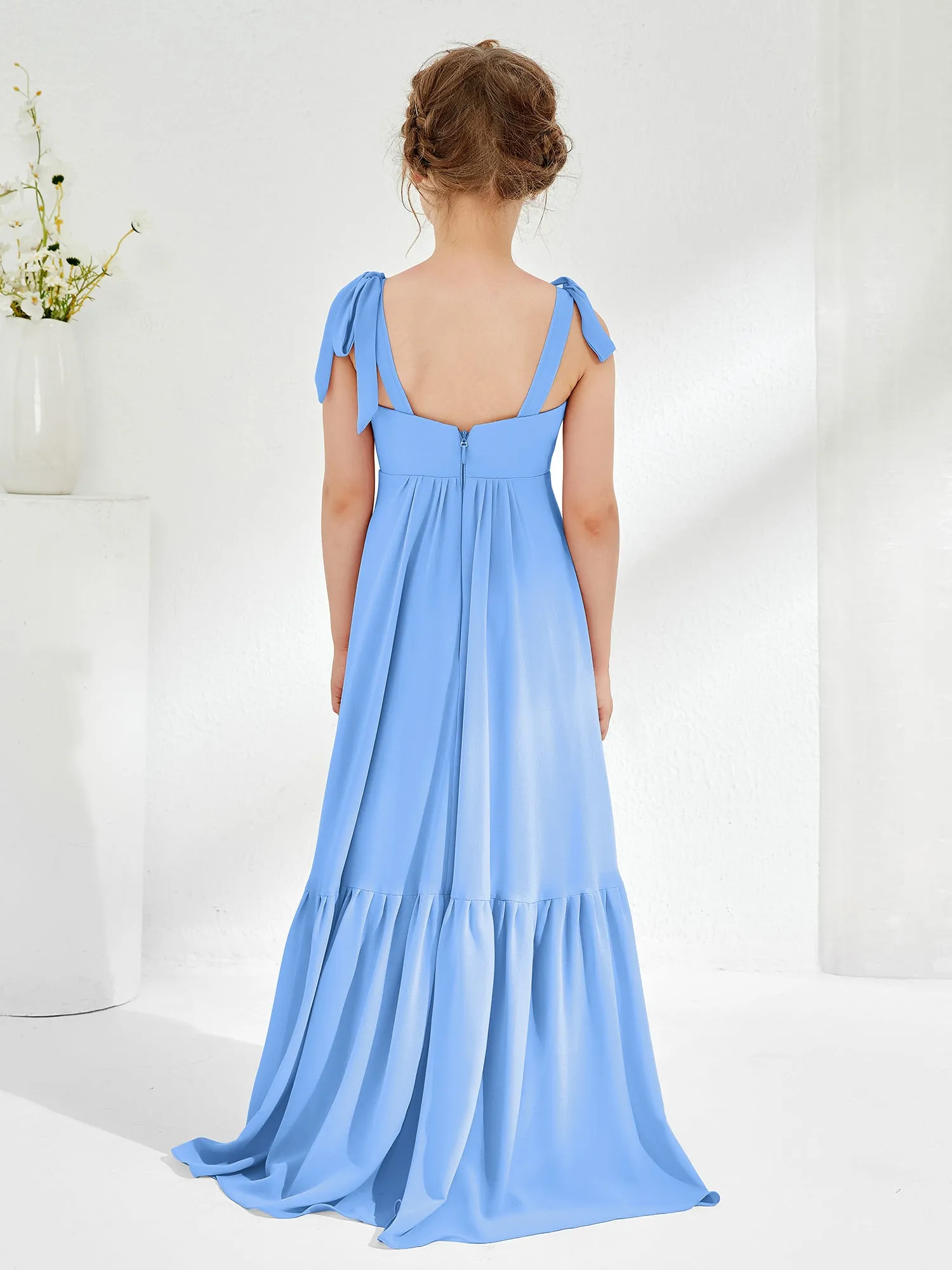 A-Line Bow Ruffle Junior Bridesmaid Dresses Blue