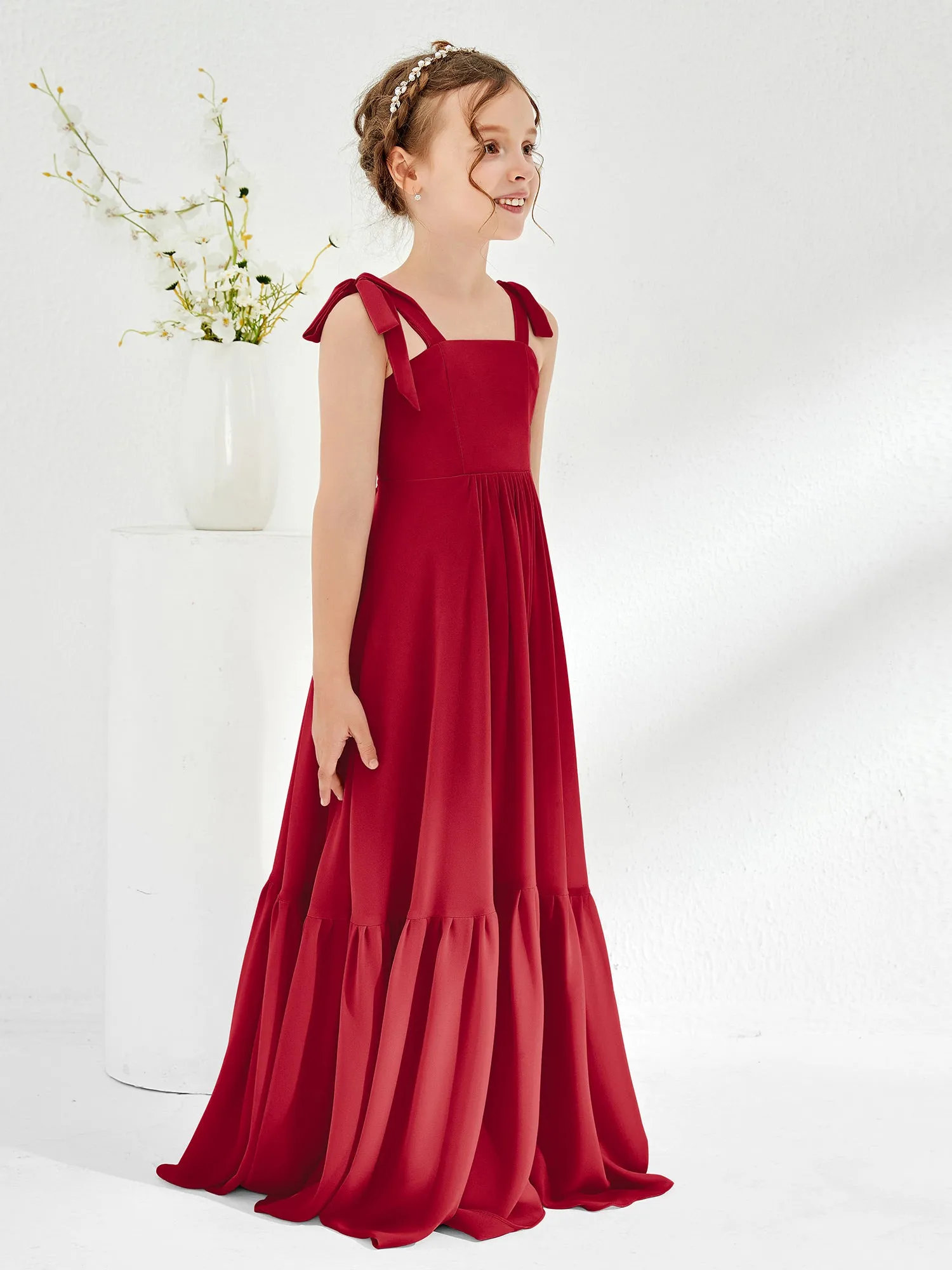 A-Line Bow Ruffle Junior Bridesmaid Dresses Burgundy