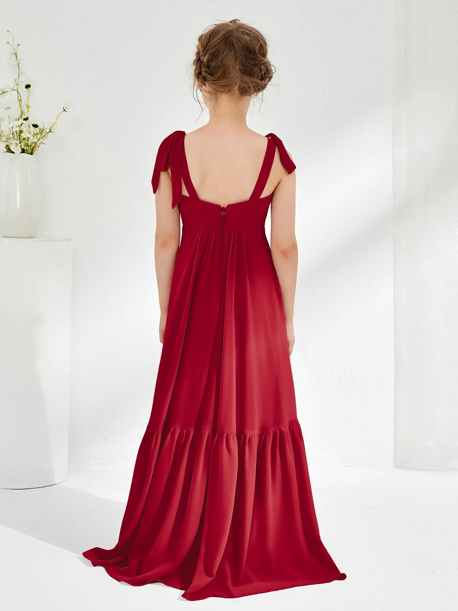 A-Line Bow Ruffle Junior Bridesmaid Dresses Burgundy