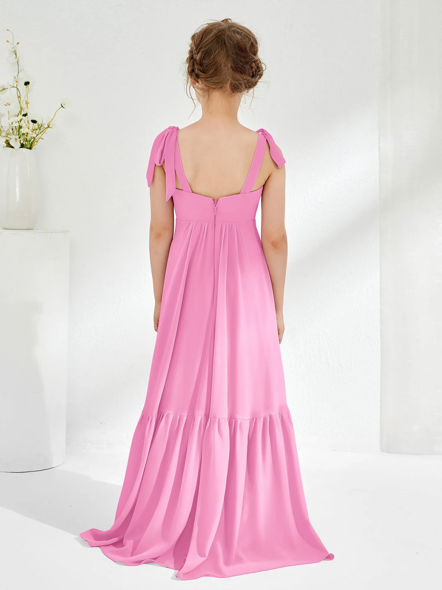 A-Line Bow Ruffle Junior Bridesmaid Dresses Candy Pink