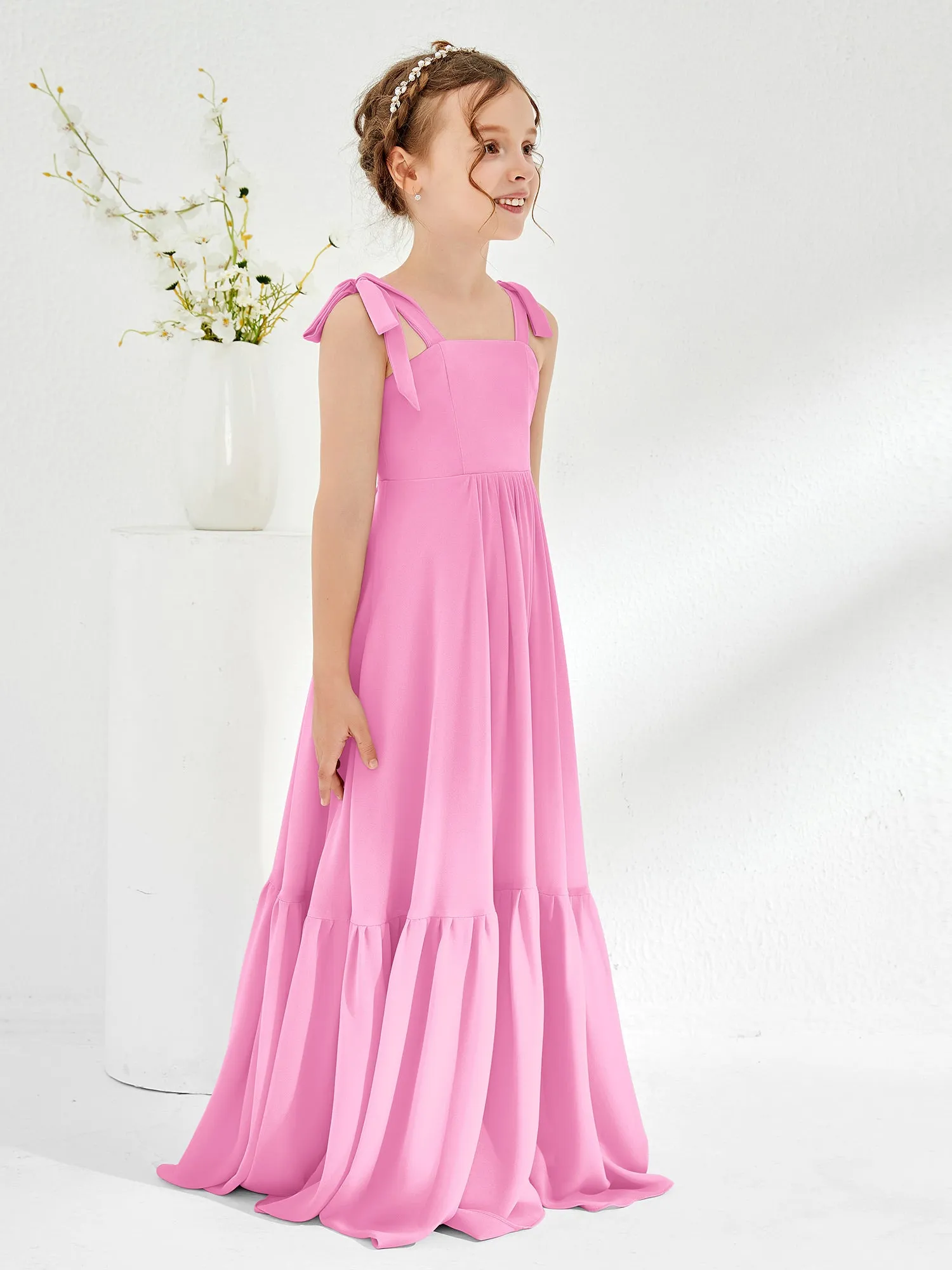 A-Line Bow Ruffle Junior Bridesmaid Dresses Candy Pink