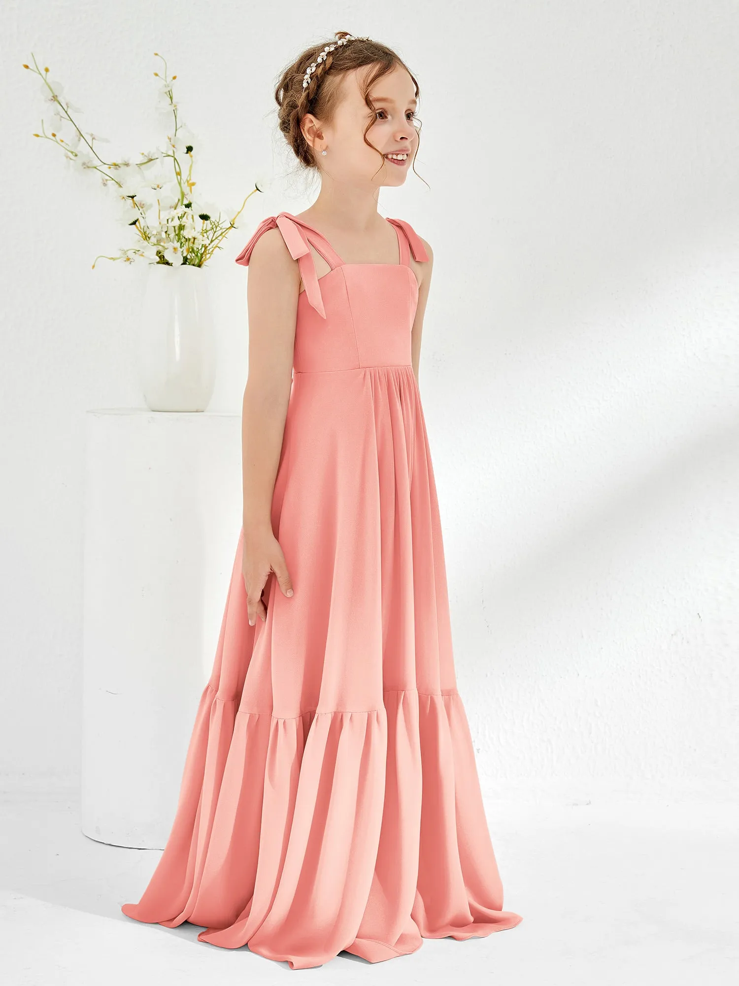 A-Line Bow Ruffle Junior Bridesmaid Dresses Coral