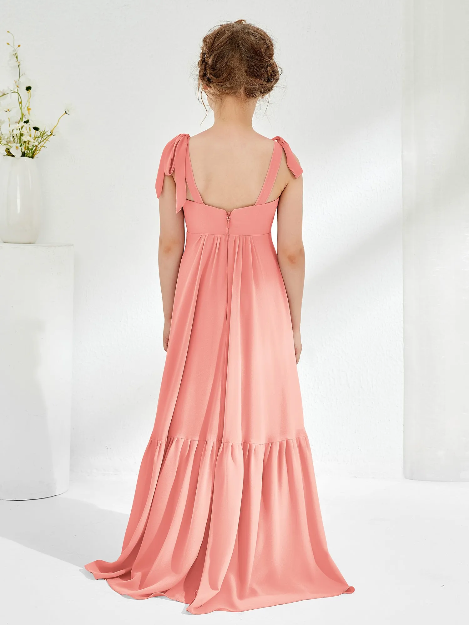 A-Line Bow Ruffle Junior Bridesmaid Dresses Coral