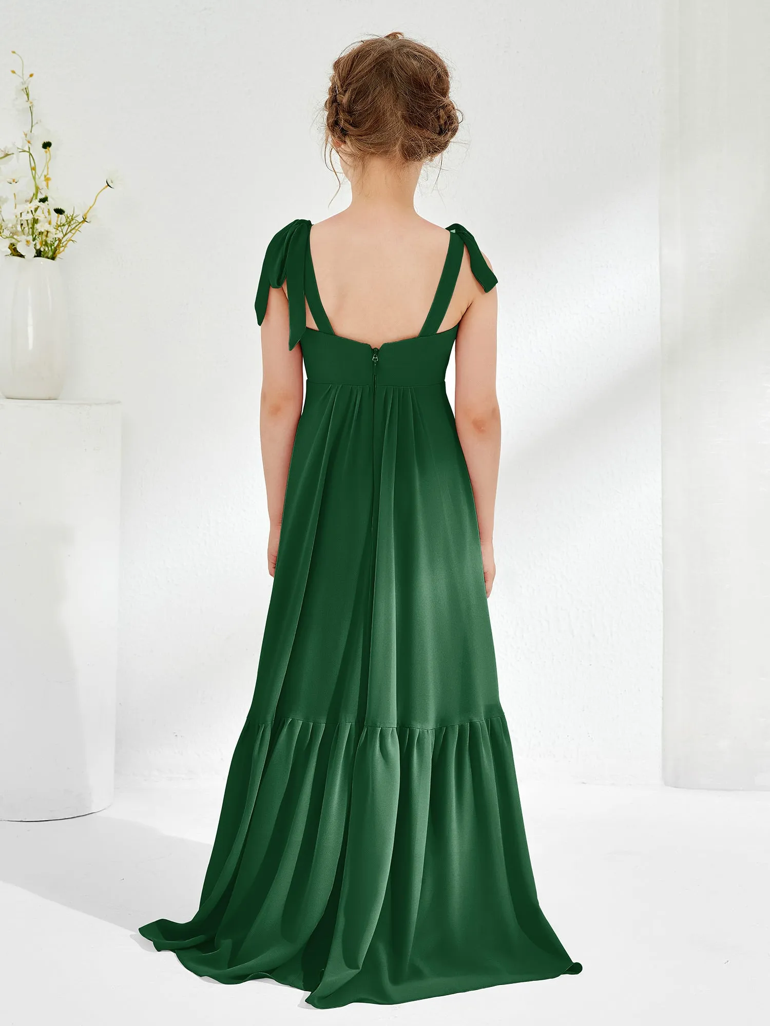 A-Line Bow Ruffle Junior Bridesmaid Dresses Dark Green