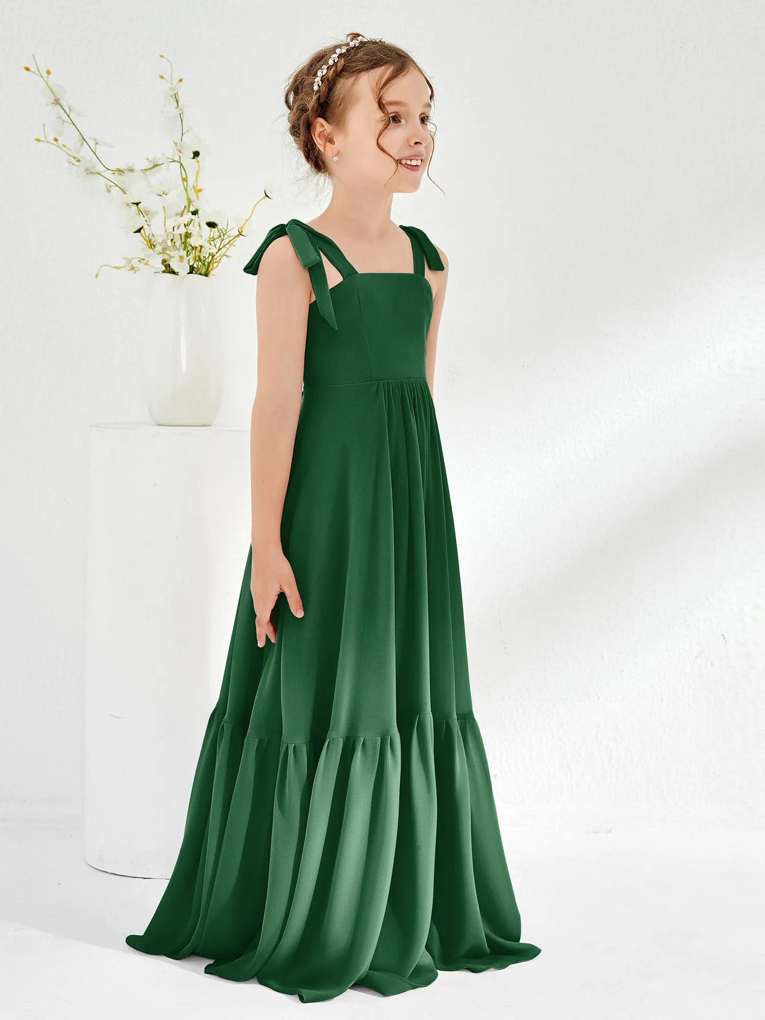 A-Line Bow Ruffle Junior Bridesmaid Dresses Dark Green