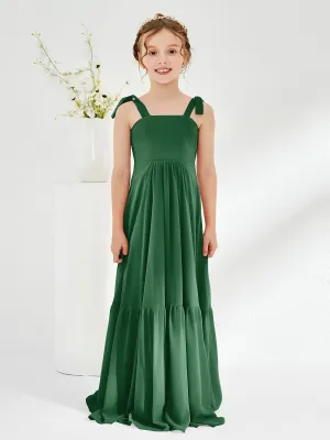 A-Line Bow Ruffle Junior Bridesmaid Dresses Dark Green