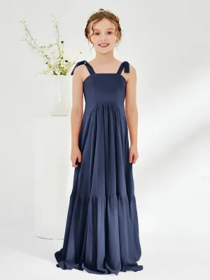 A-Line Bow Ruffle Junior Bridesmaid Dresses Dark Navy