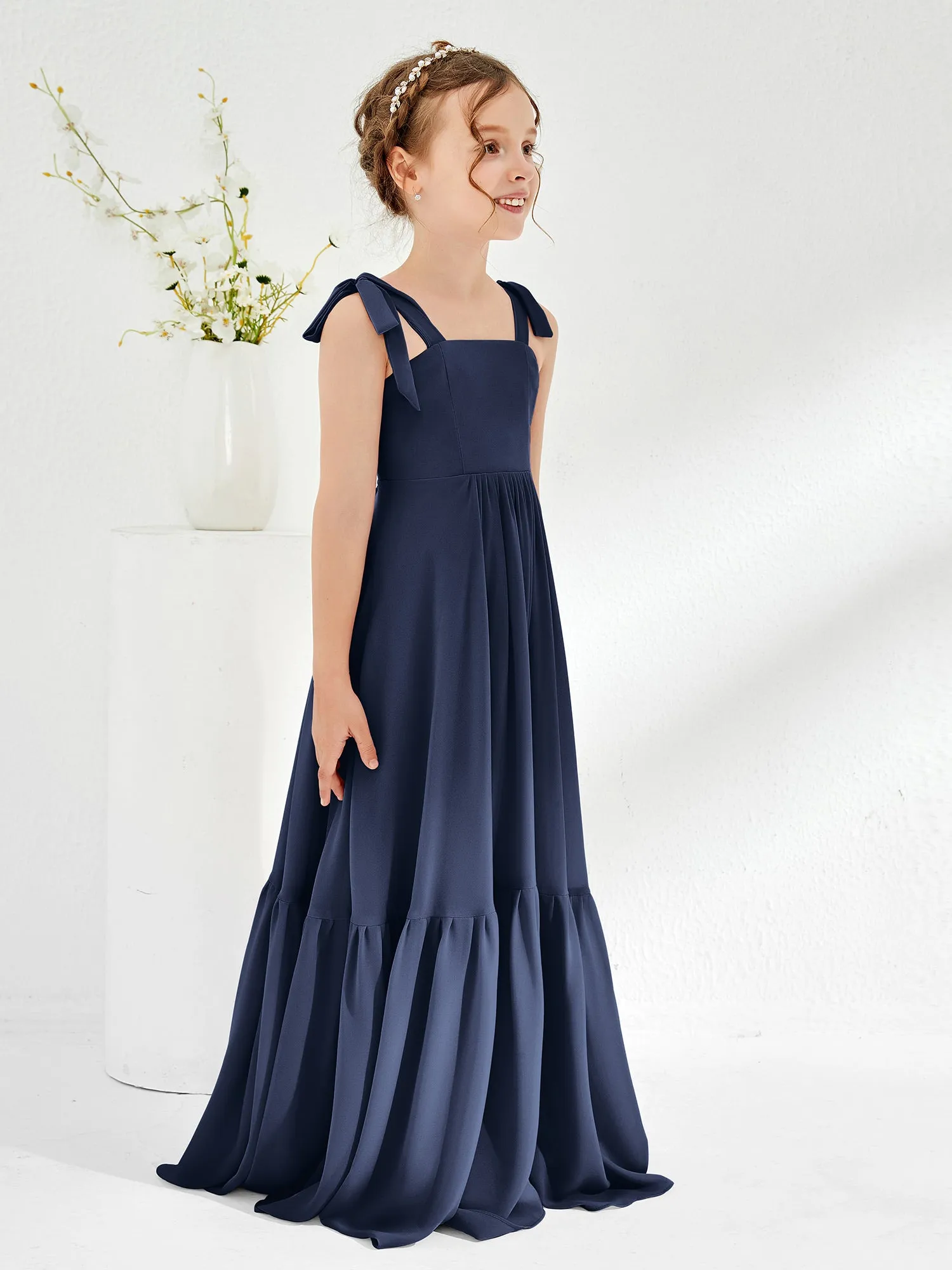 A-Line Bow Ruffle Junior Bridesmaid Dresses Dark Navy