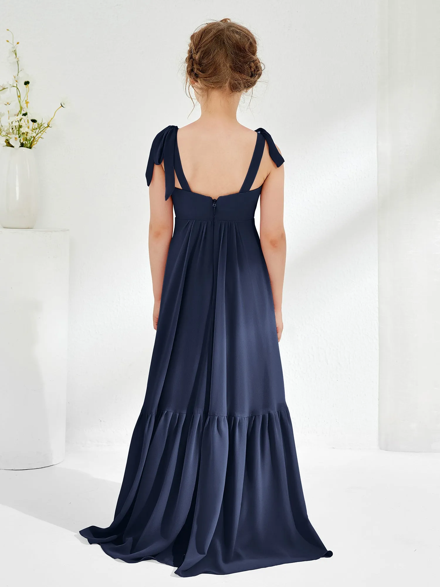 A-Line Bow Ruffle Junior Bridesmaid Dresses Dark Navy
