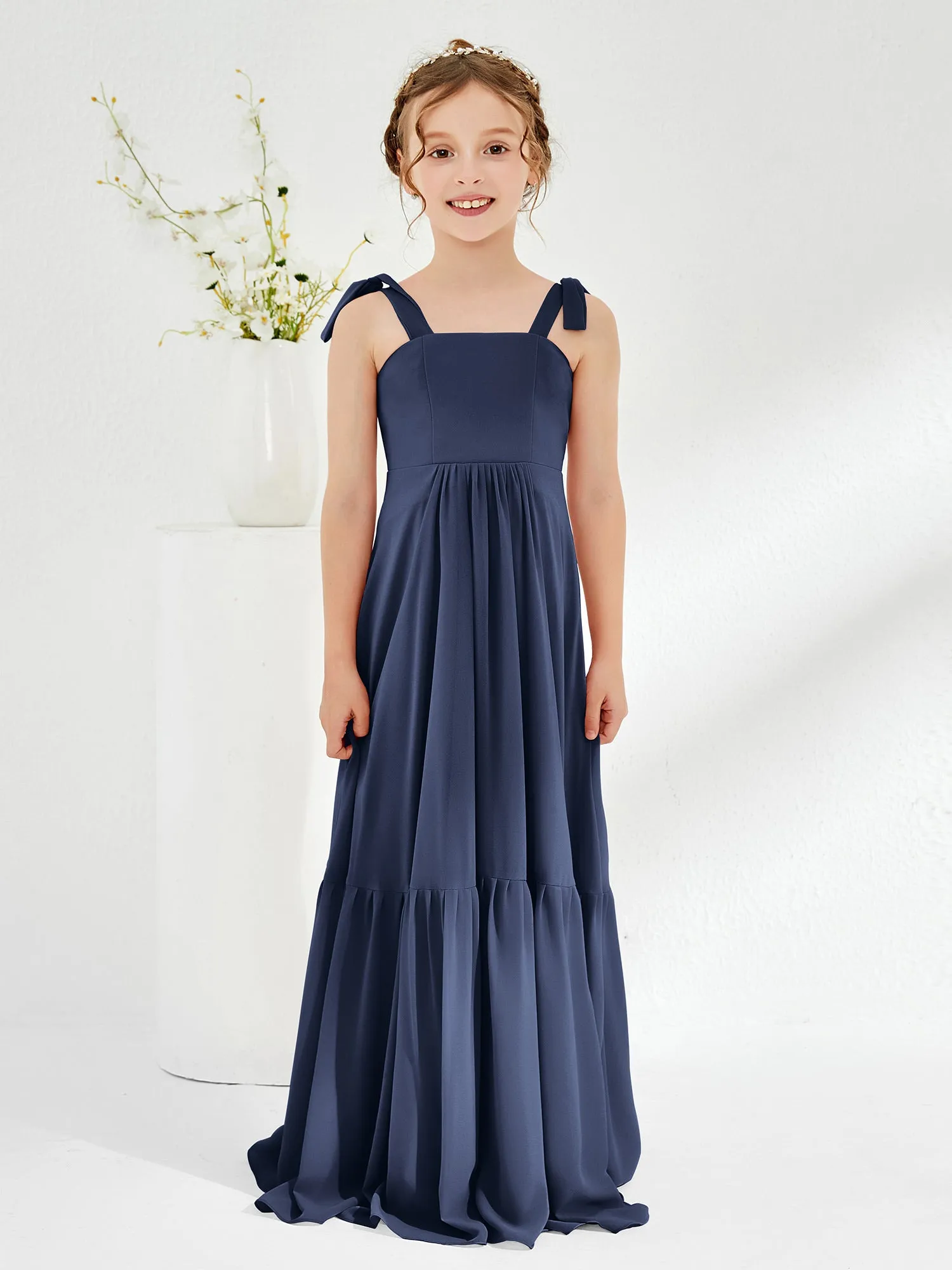 A-Line Bow Ruffle Junior Bridesmaid Dresses Dark Navy