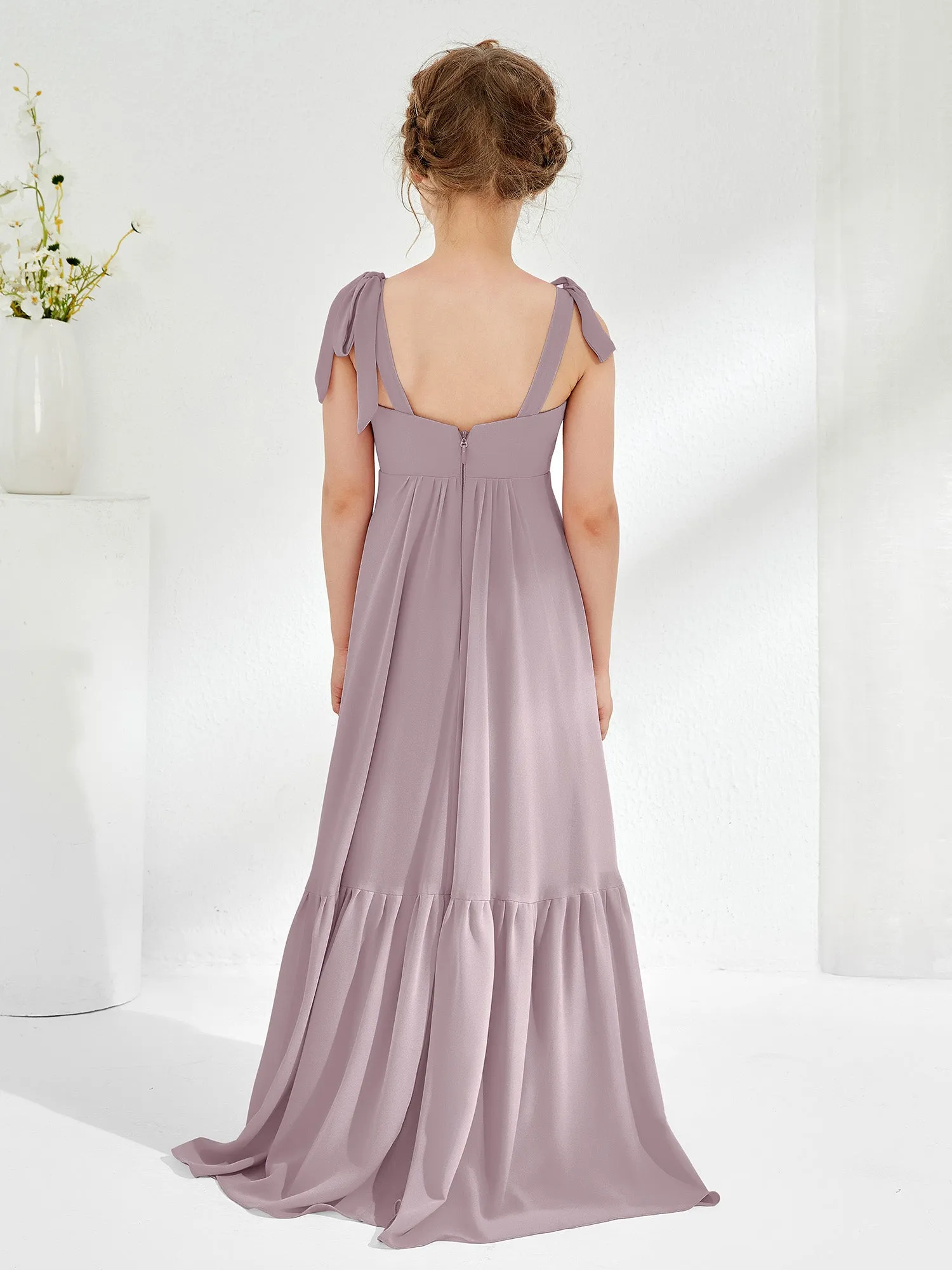 A-Line Bow Ruffle Junior Bridesmaid Dresses Dusk