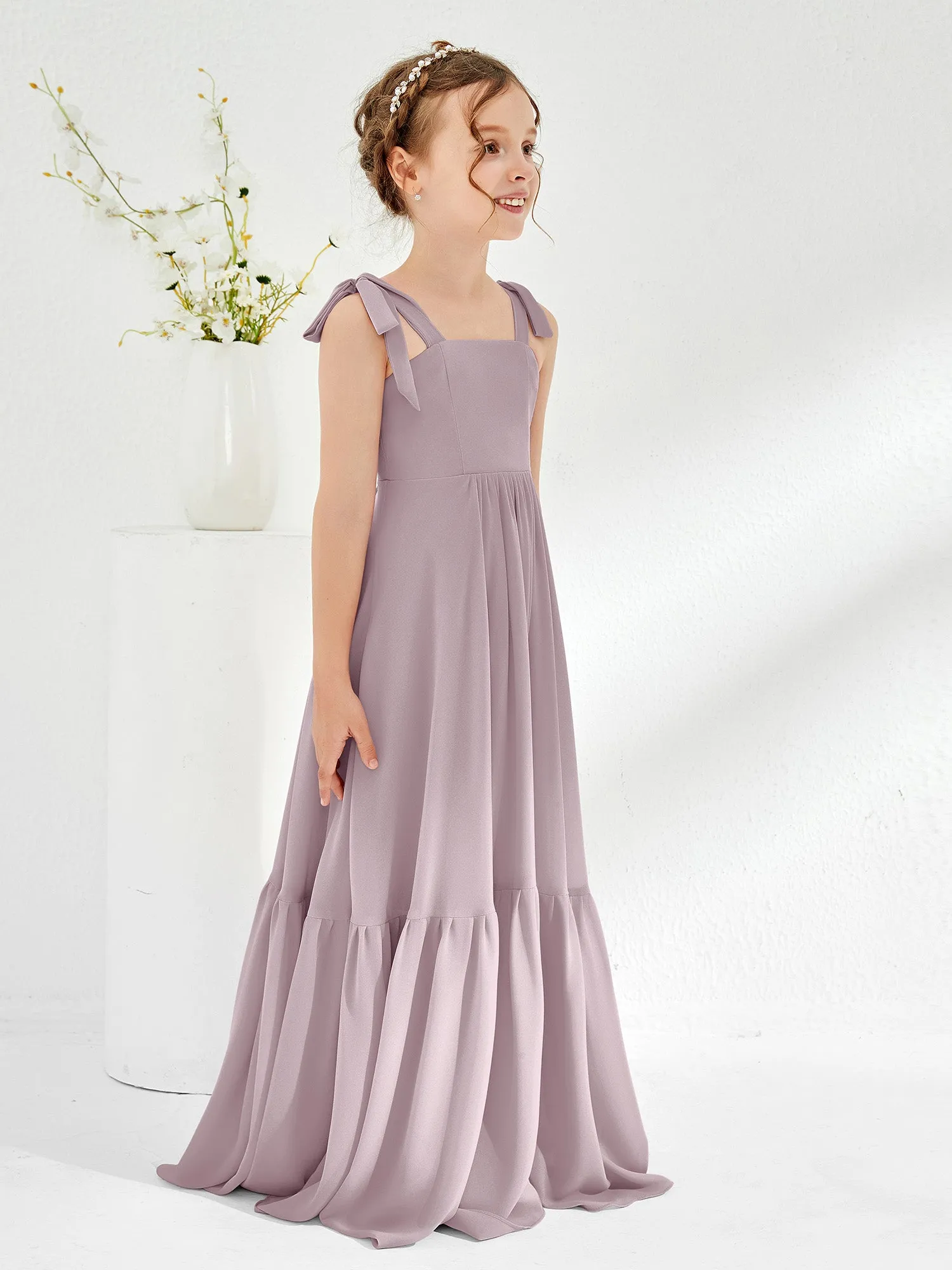 A-Line Bow Ruffle Junior Bridesmaid Dresses Dusk