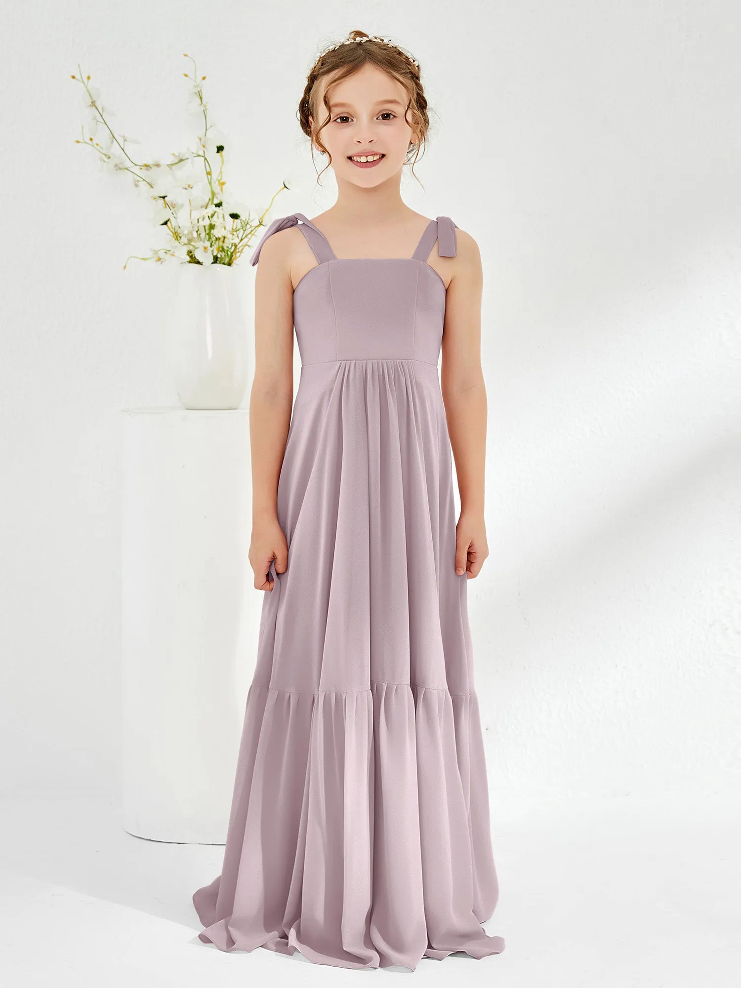 A-Line Bow Ruffle Junior Bridesmaid Dresses Dusk