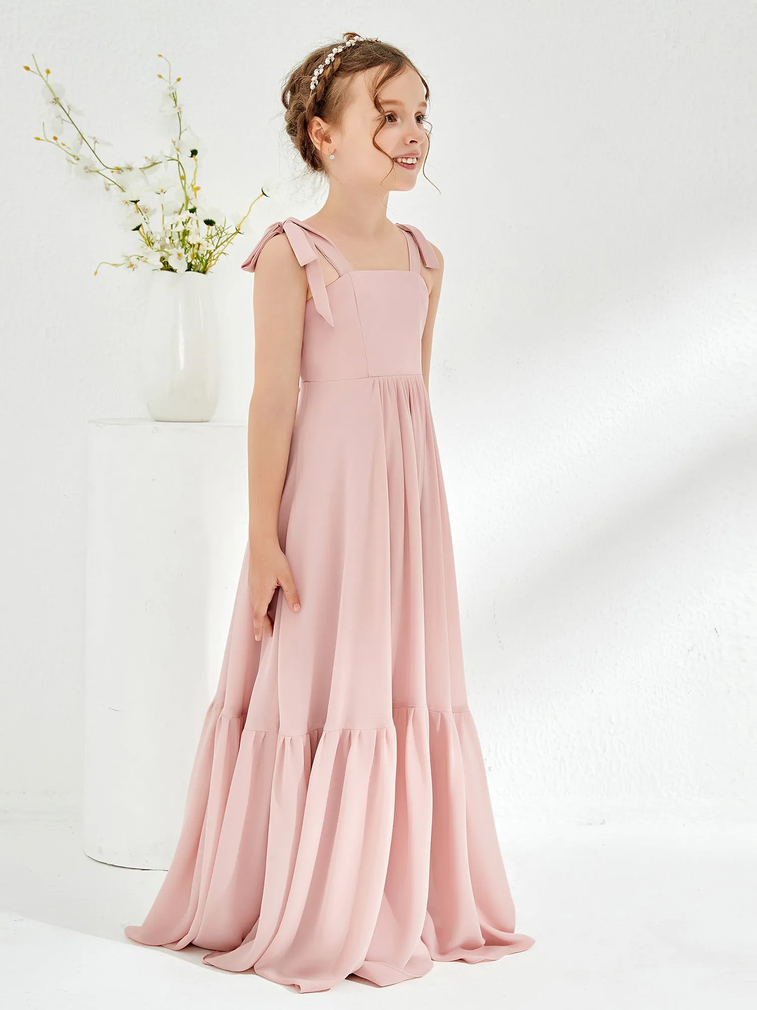 A-Line Bow Ruffle Junior Bridesmaid Dresses Dusty Rose