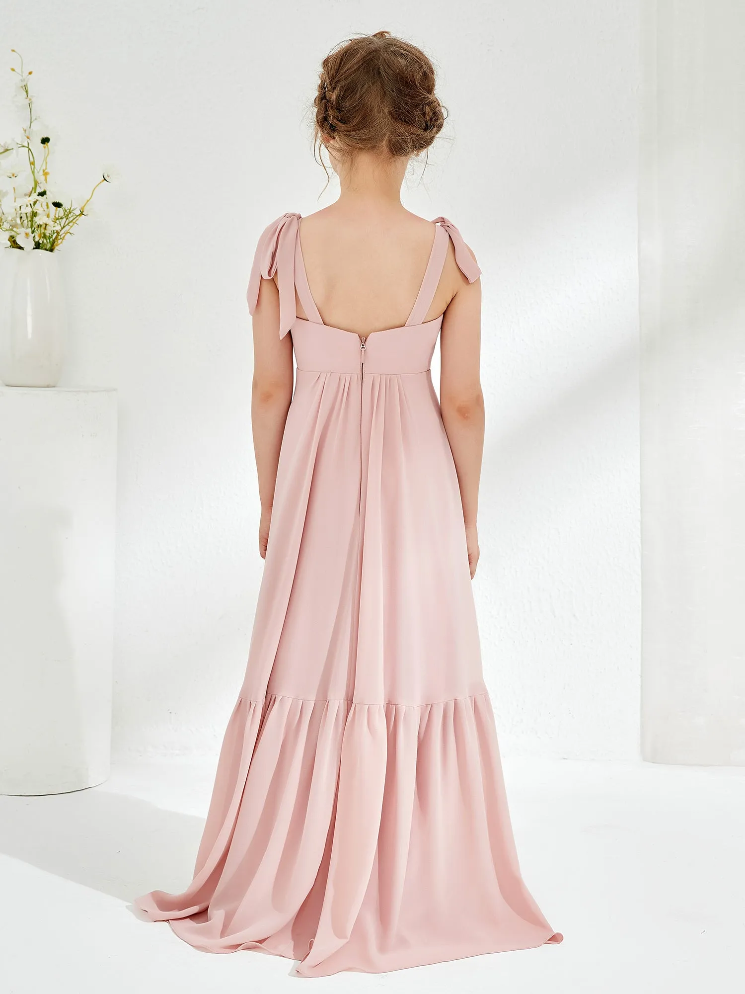 A-Line Bow Ruffle Junior Bridesmaid Dresses Dusty Rose