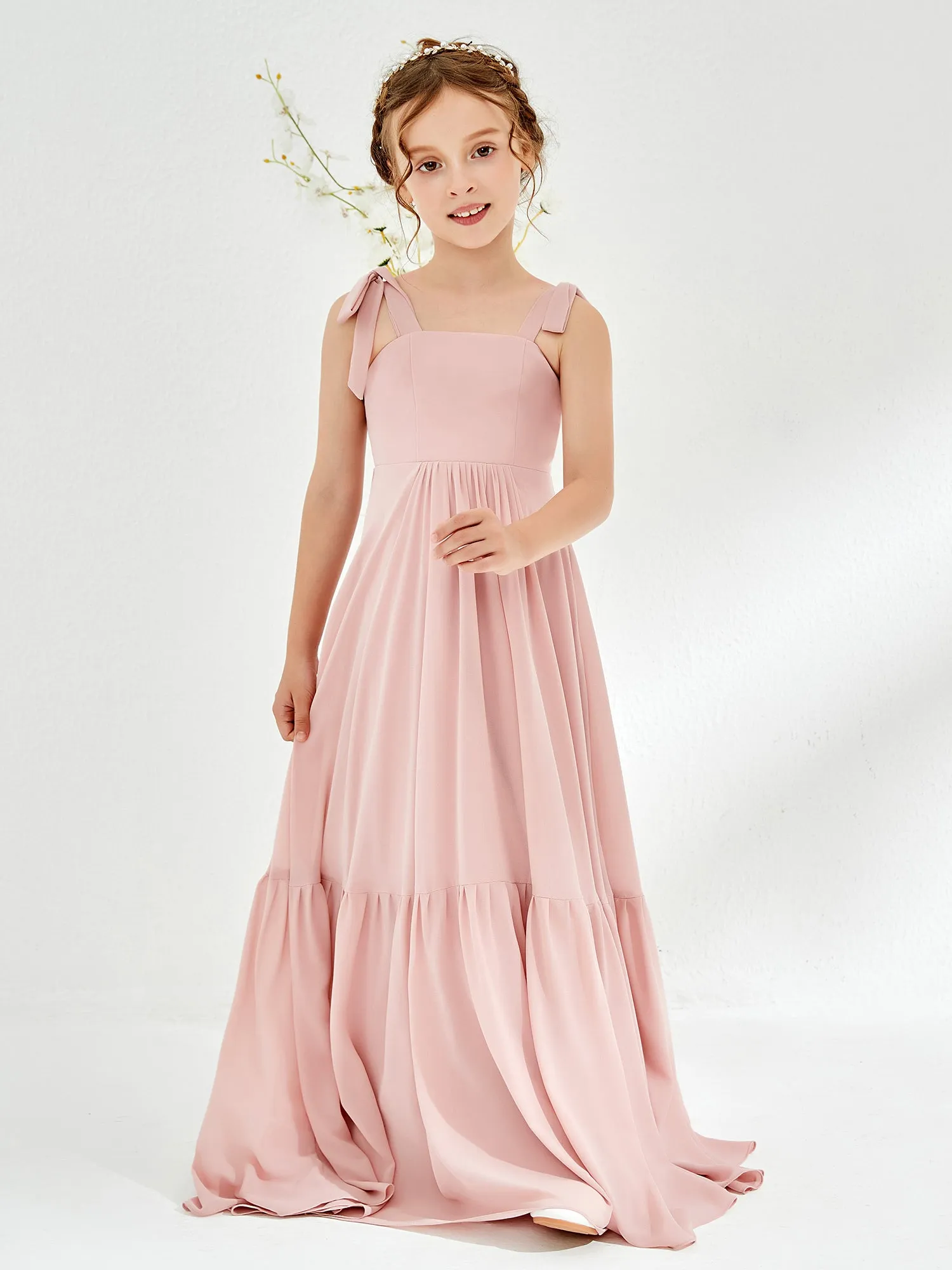 A-Line Bow Ruffle Junior Bridesmaid Dresses Dusty Rose