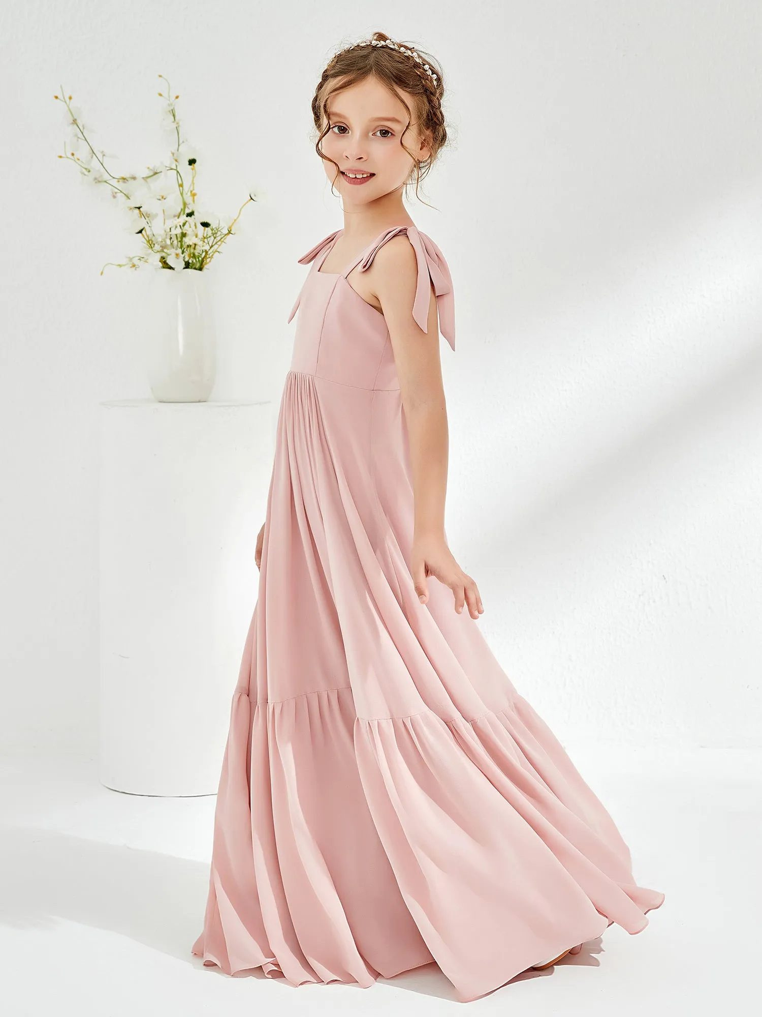 A-Line Bow Ruffle Junior Bridesmaid Dresses Dusty Rose
