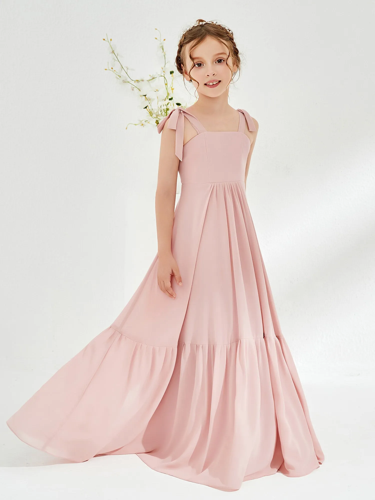 A-Line Bow Ruffle Junior Bridesmaid Dresses Dusty Rose