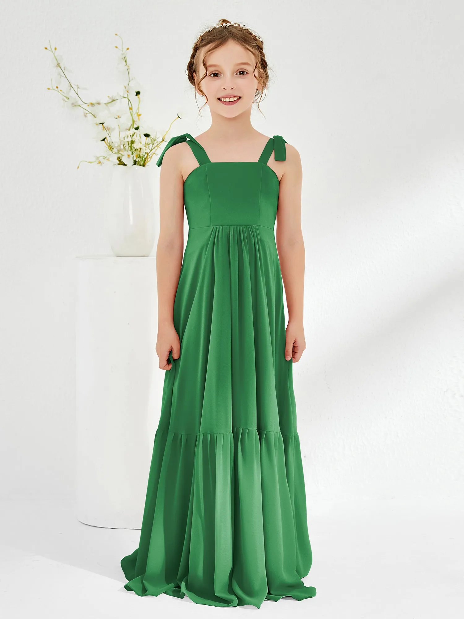 A-Line Bow Ruffle Junior Bridesmaid Dresses Emerald
