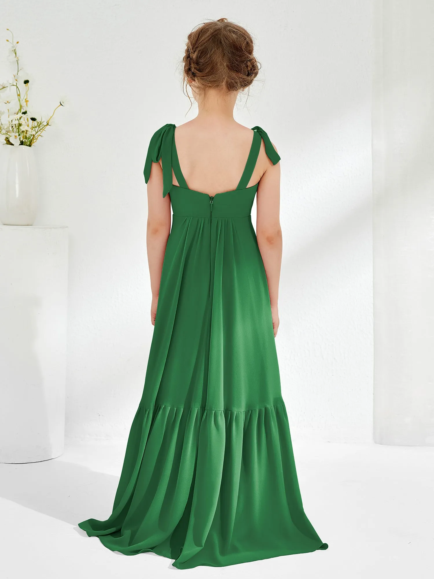 A-Line Bow Ruffle Junior Bridesmaid Dresses Emerald