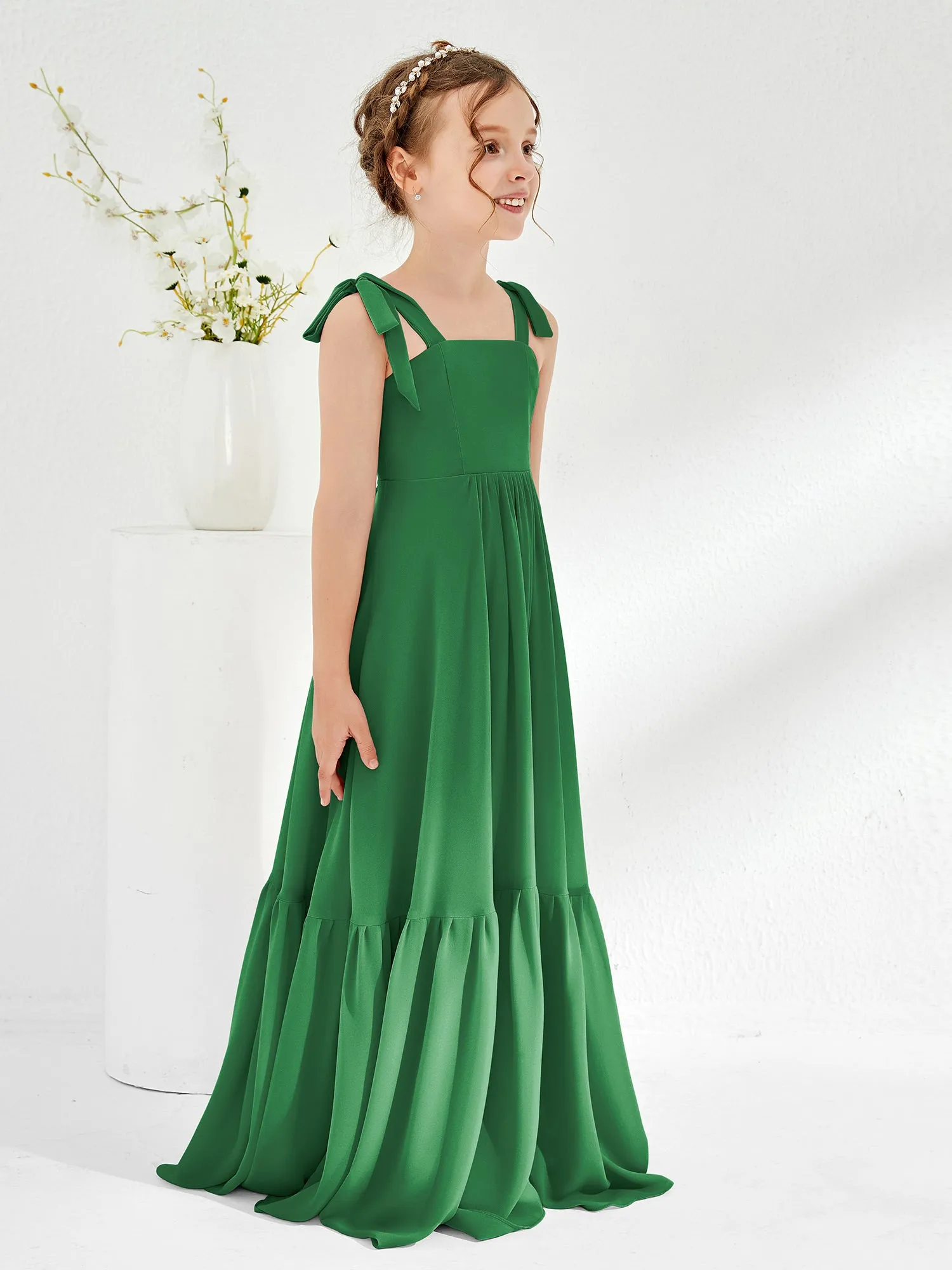 A-Line Bow Ruffle Junior Bridesmaid Dresses Emerald