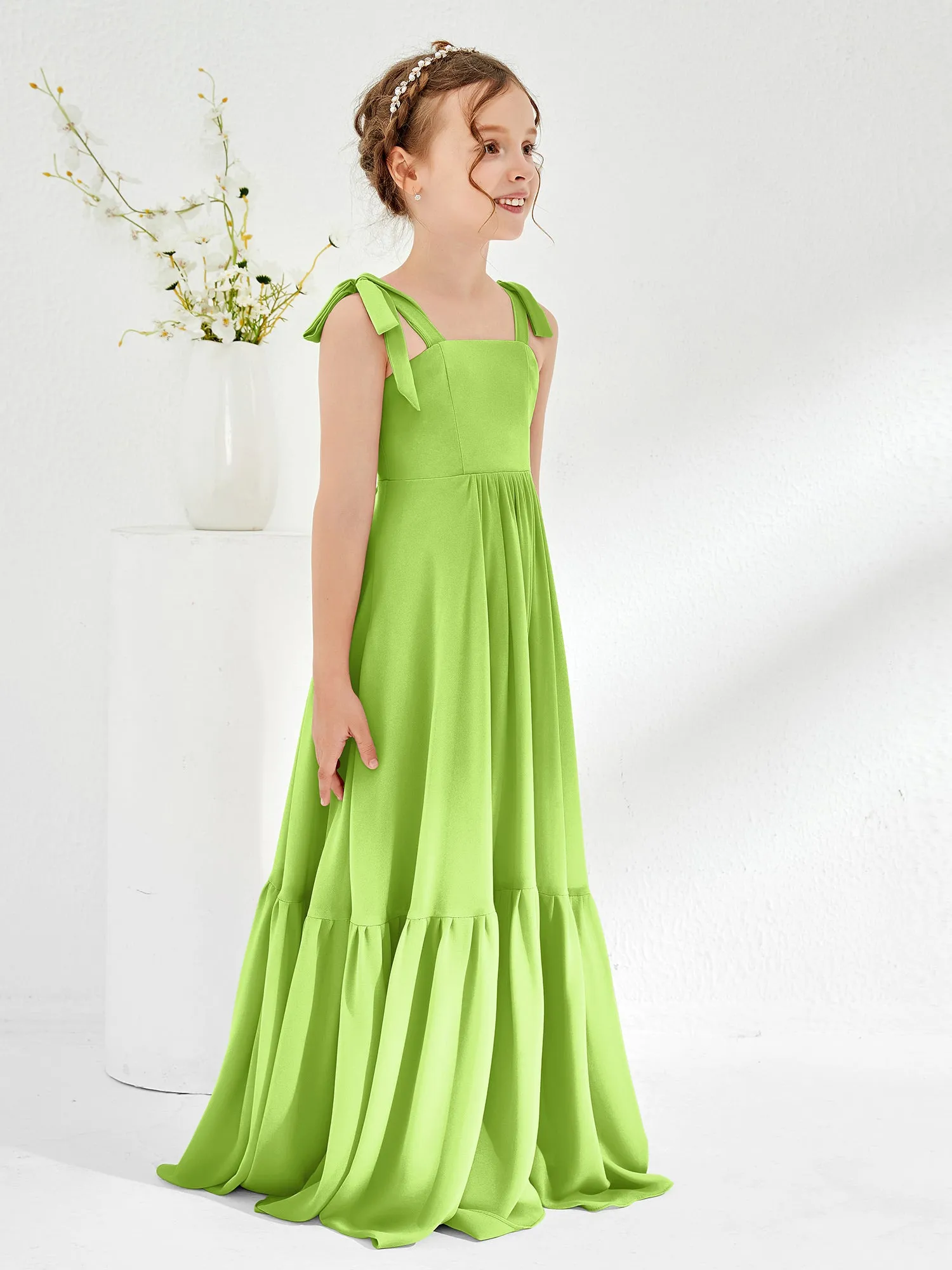 A-Line Bow Ruffle Junior Bridesmaid Dresses Lime Green