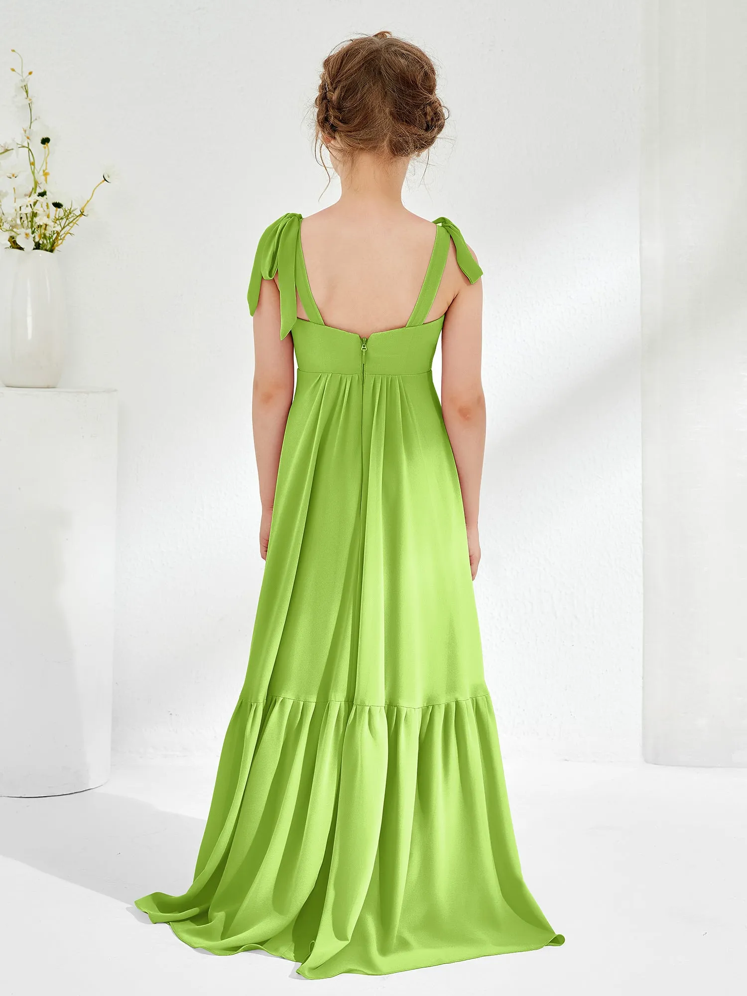 A-Line Bow Ruffle Junior Bridesmaid Dresses Lime Green