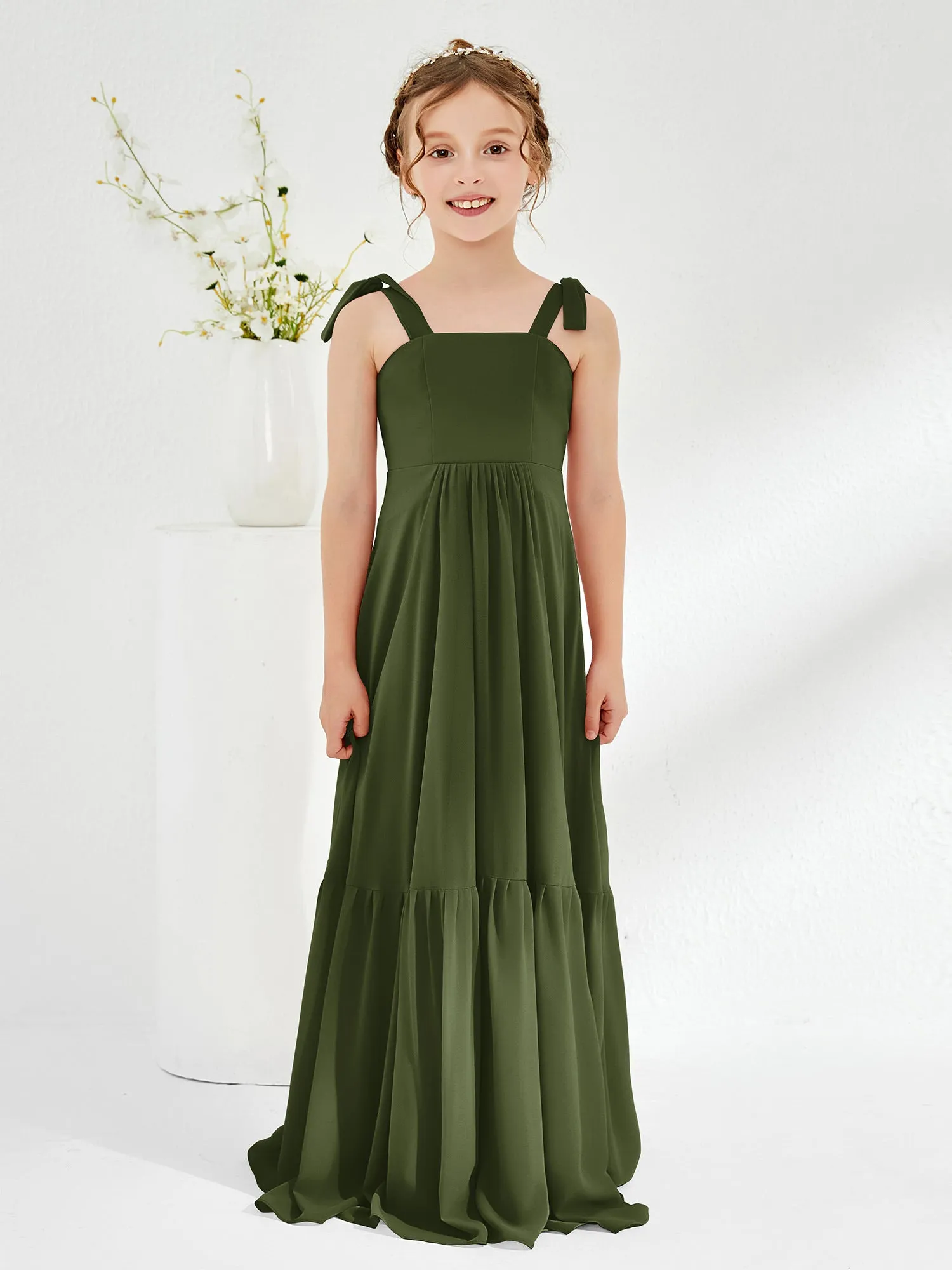 A-Line Bow Ruffle Junior Bridesmaid Dresses Olive Green
