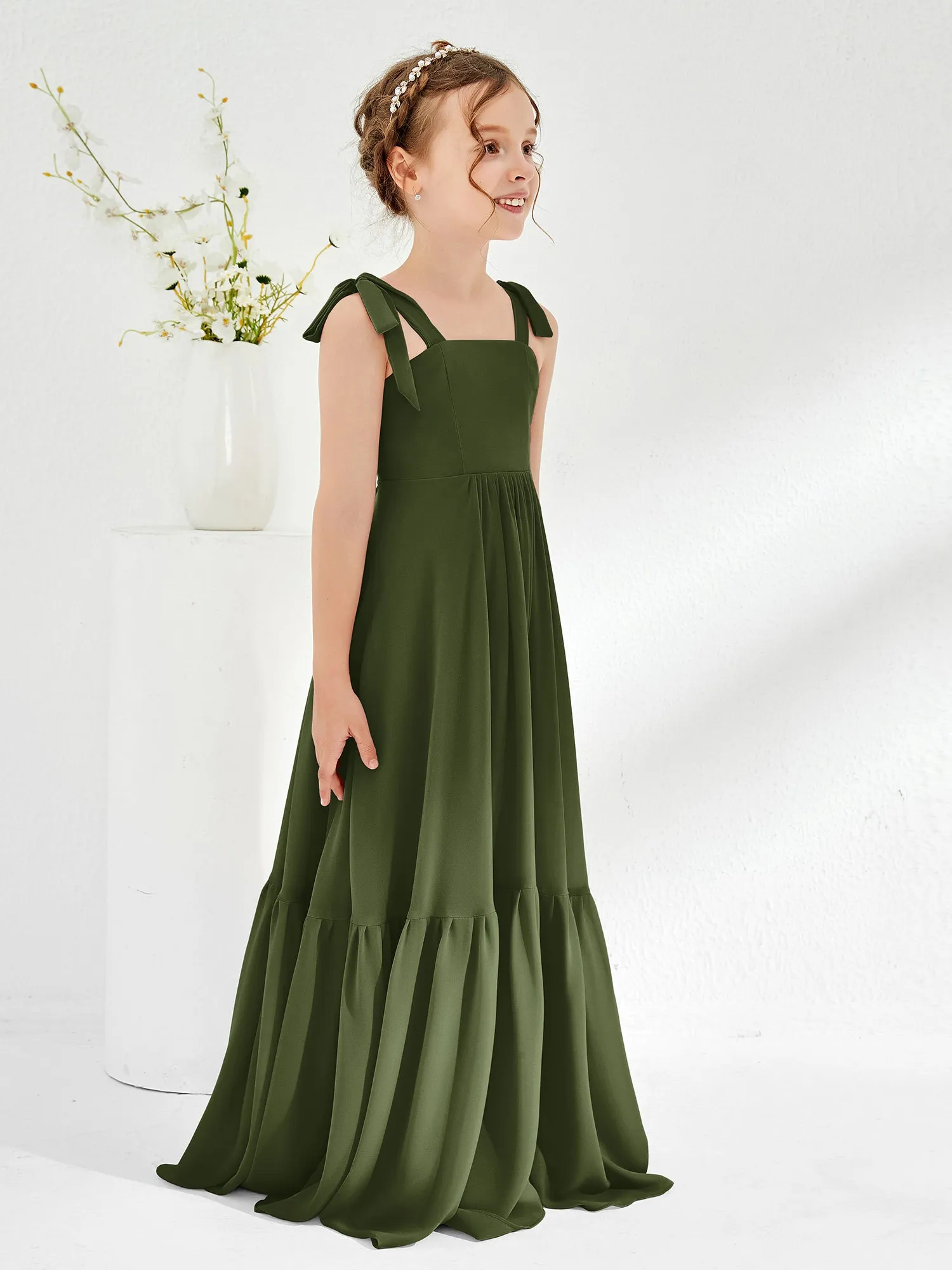 A-Line Bow Ruffle Junior Bridesmaid Dresses Olive Green