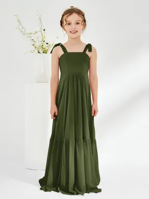 A-Line Bow Ruffle Junior Bridesmaid Dresses Olive Green
