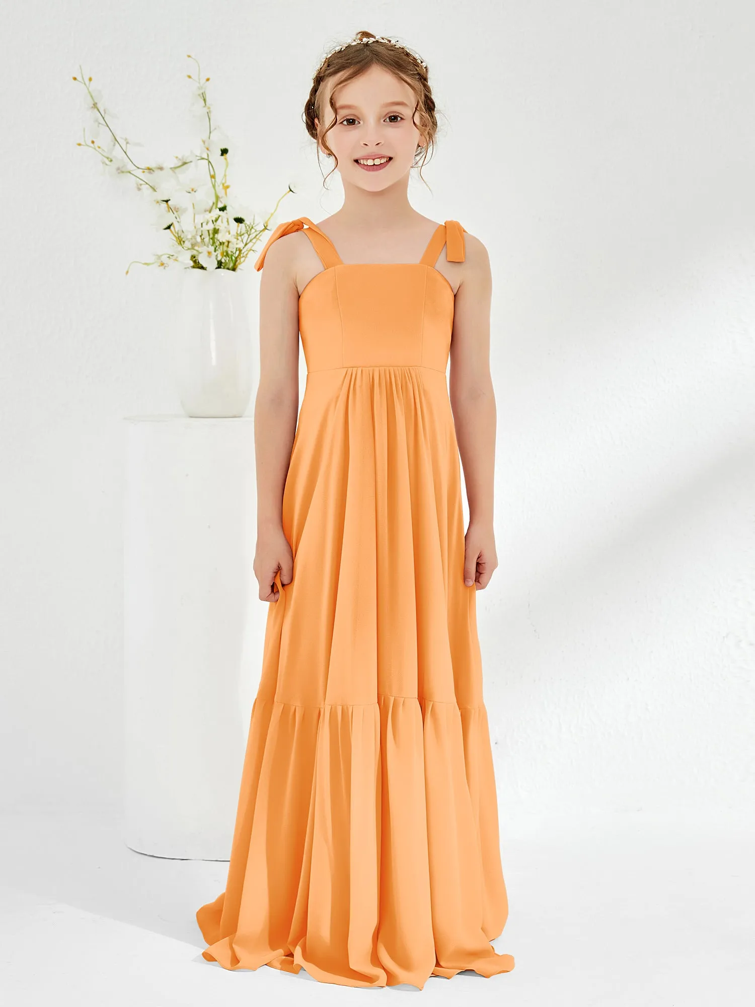 A-Line Bow Ruffle Junior Bridesmaid Dresses Orange