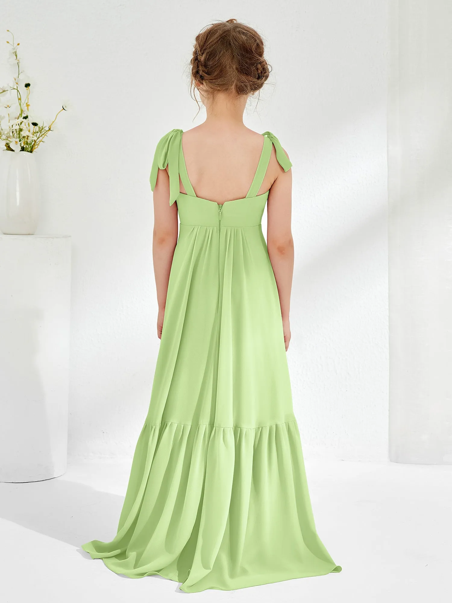 A-Line Bow Ruffle Junior Bridesmaid Dresses Sage