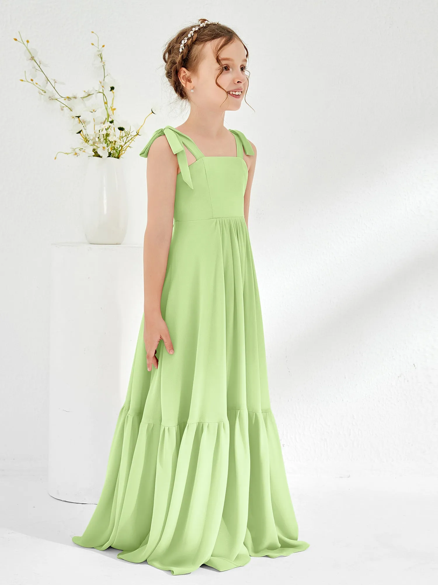 A-Line Bow Ruffle Junior Bridesmaid Dresses Sage
