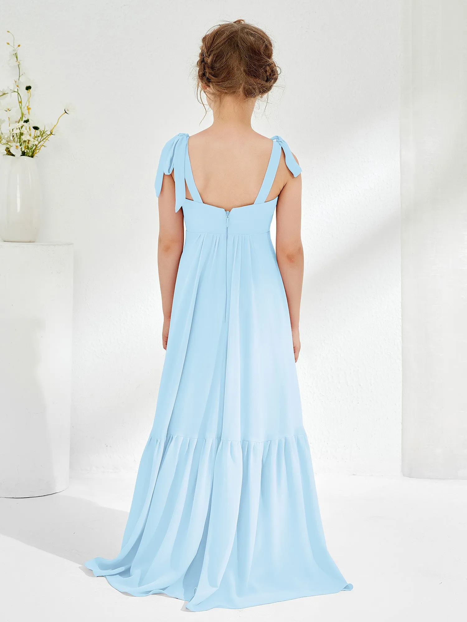 A-Line Bow Ruffle Junior Bridesmaid Dresses Sky Blue