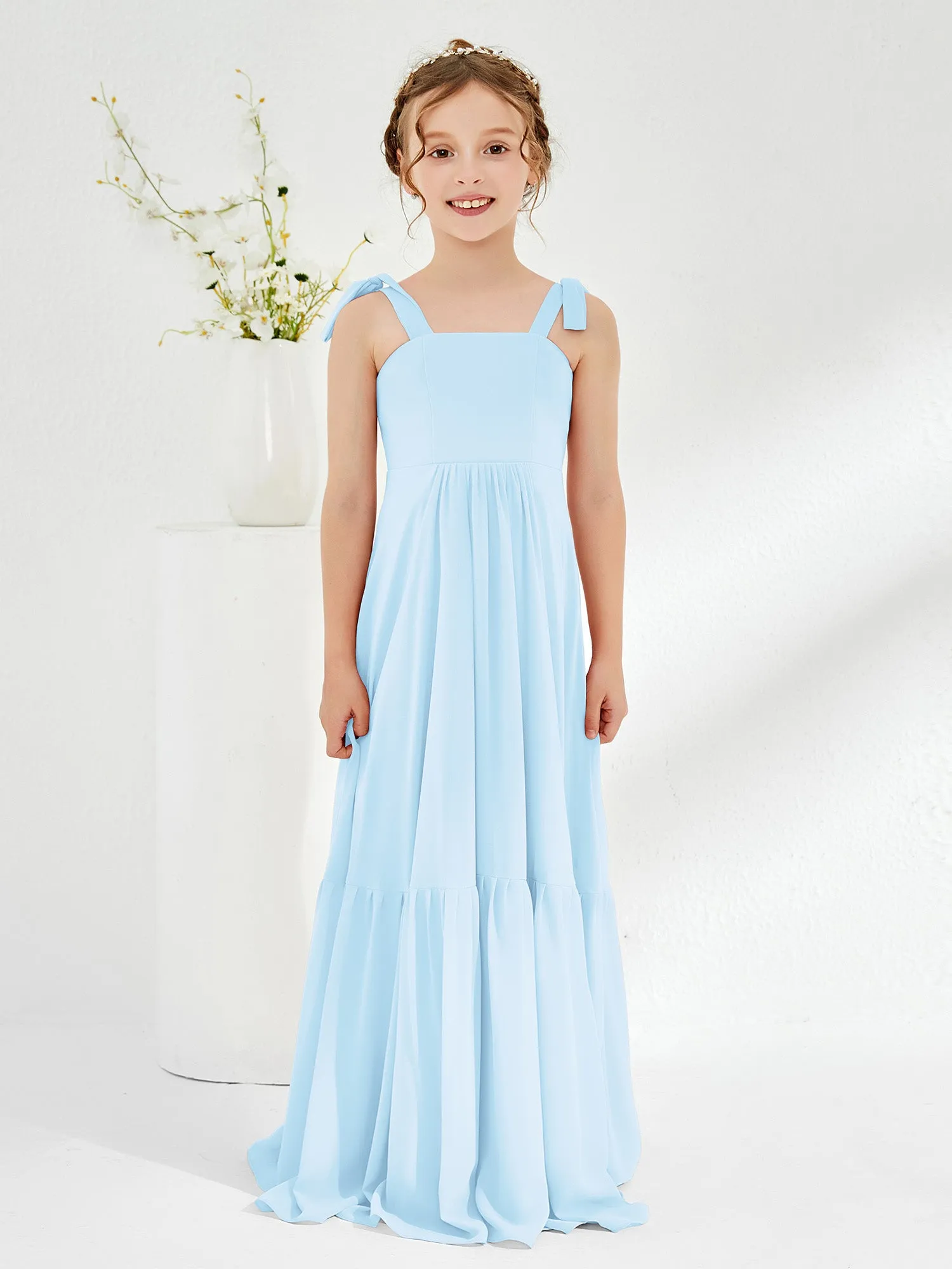 A-Line Bow Ruffle Junior Bridesmaid Dresses Sky Blue