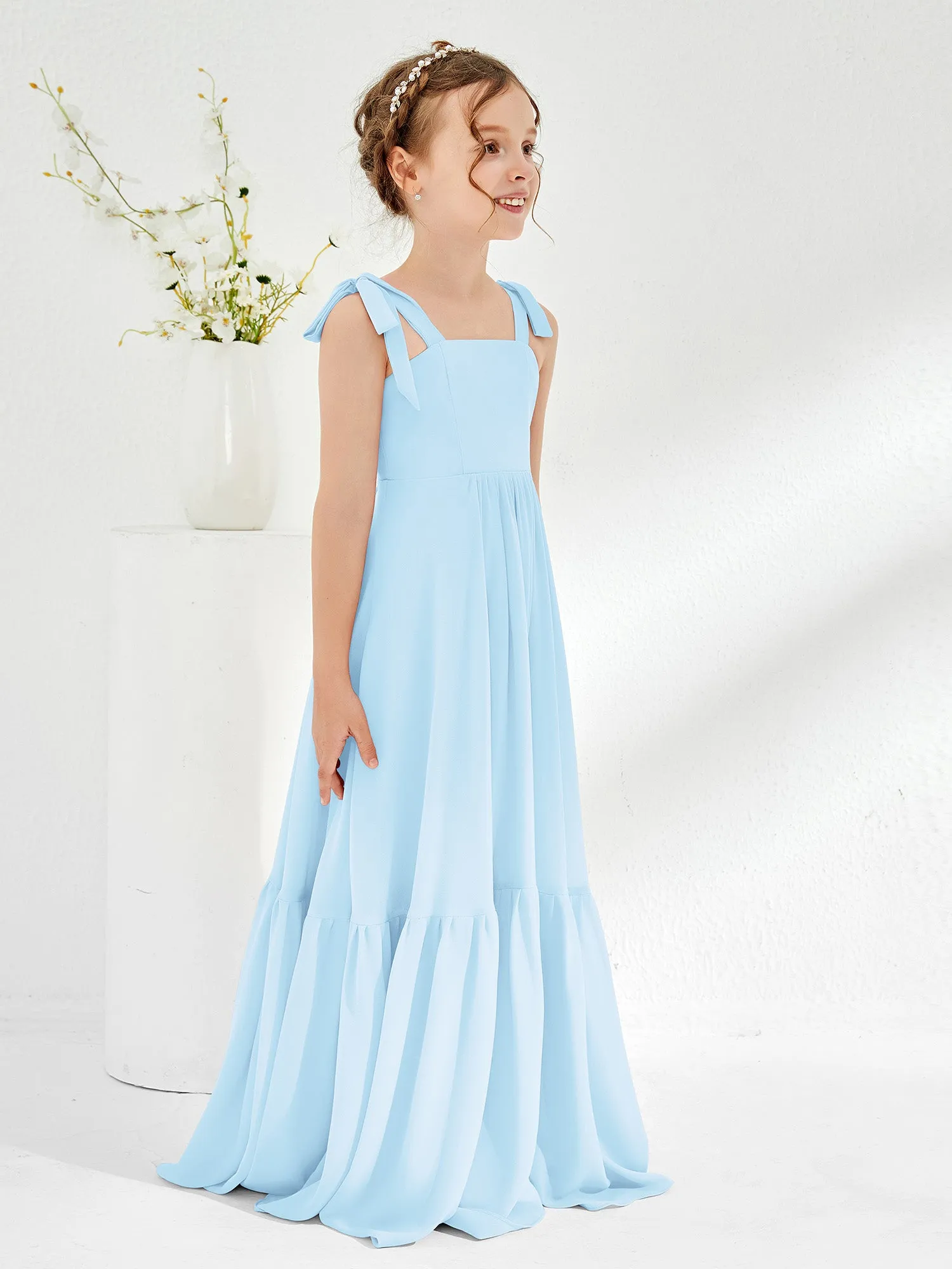 A-Line Bow Ruffle Junior Bridesmaid Dresses Sky Blue