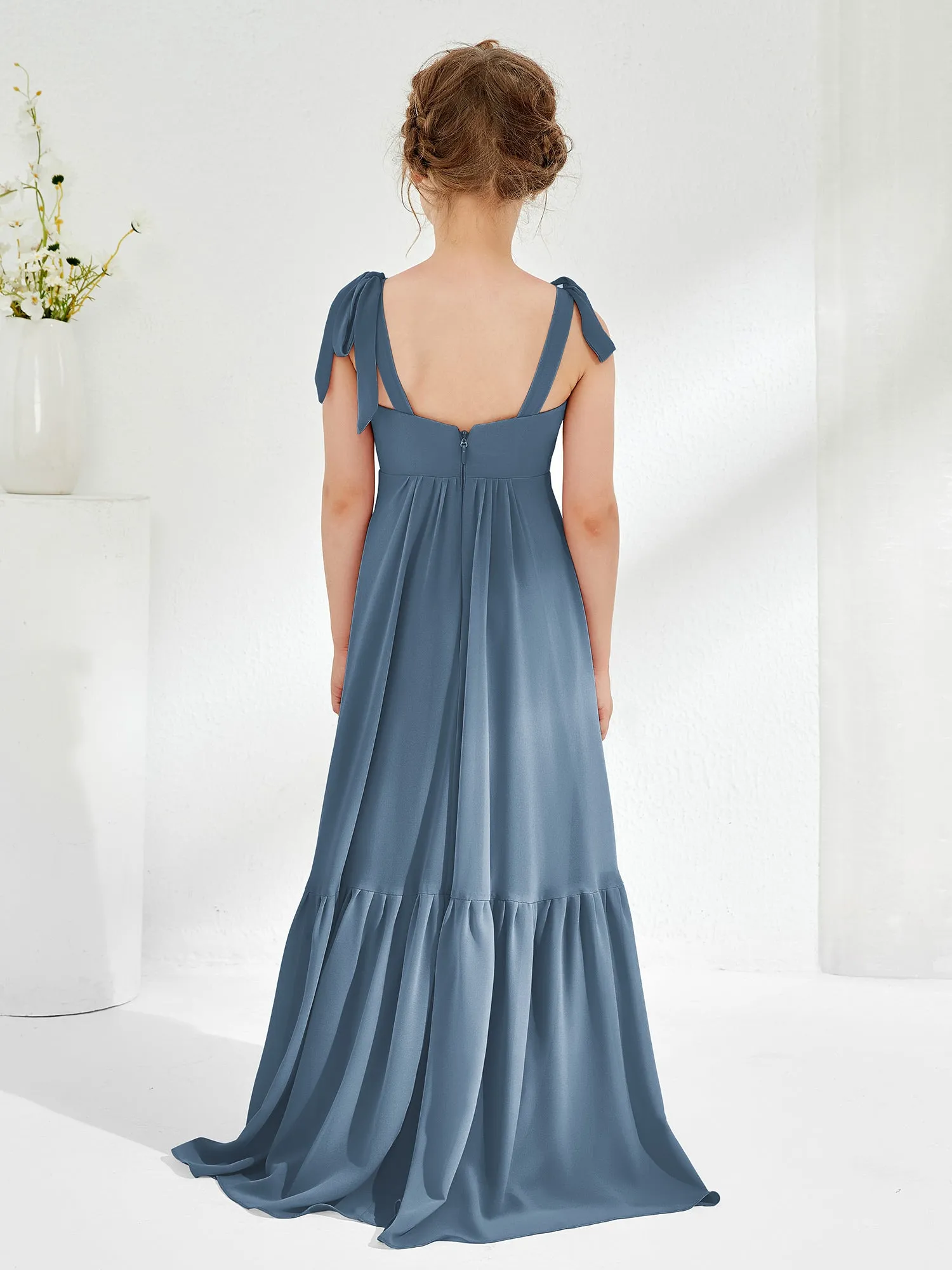 A-Line Bow Ruffle Junior Bridesmaid Dresses Slate Blue