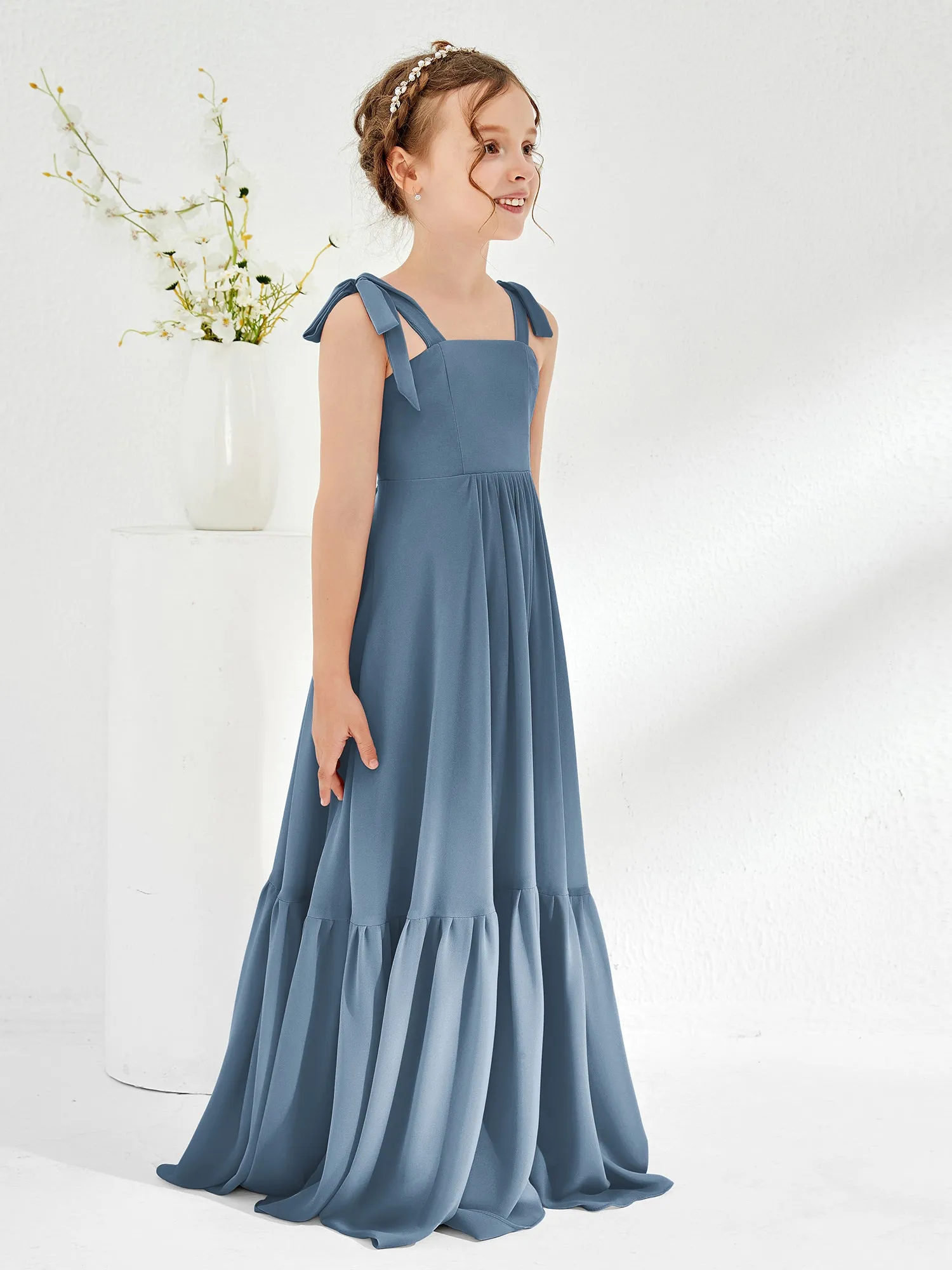 A-Line Bow Ruffle Junior Bridesmaid Dresses Slate Blue