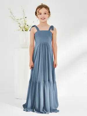 A-Line Bow Ruffle Junior Bridesmaid Dresses Slate Blue