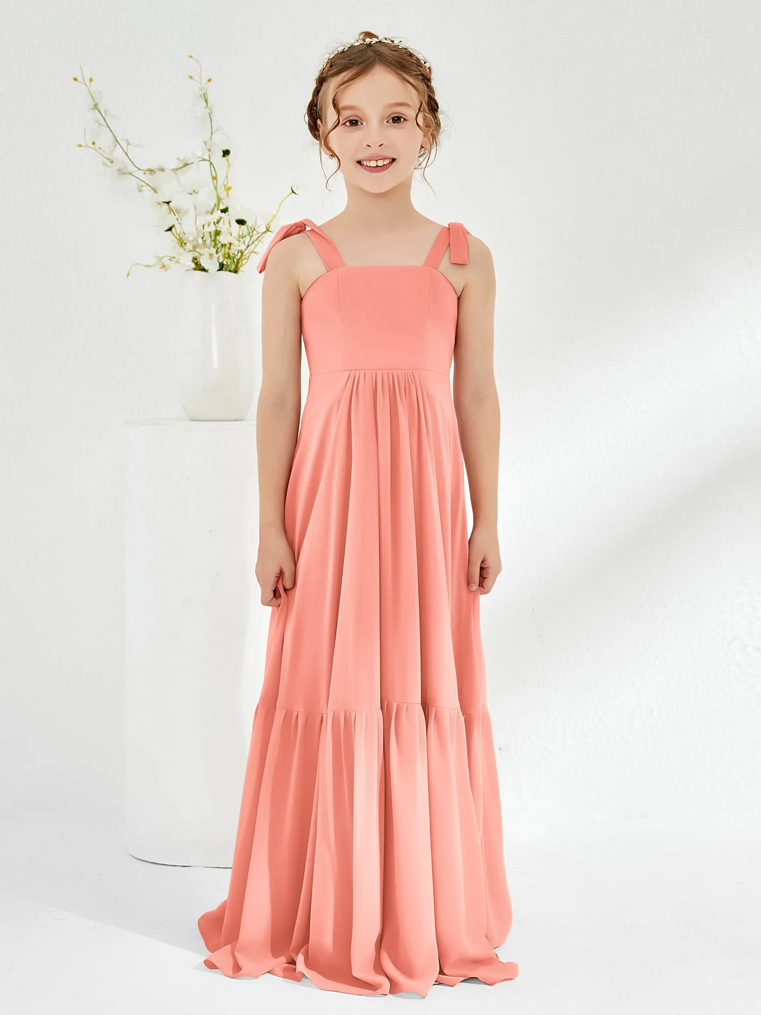 A-Line Bow Ruffle Junior Bridesmaid Dresses Sunset