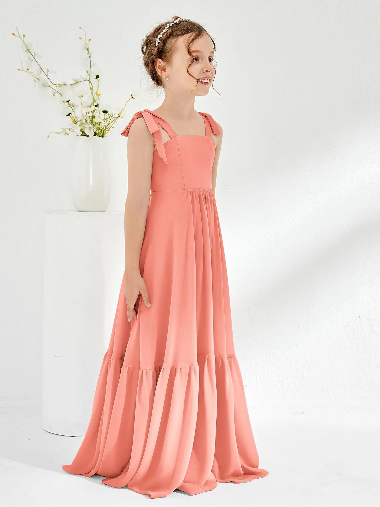 A-Line Bow Ruffle Junior Bridesmaid Dresses Sunset