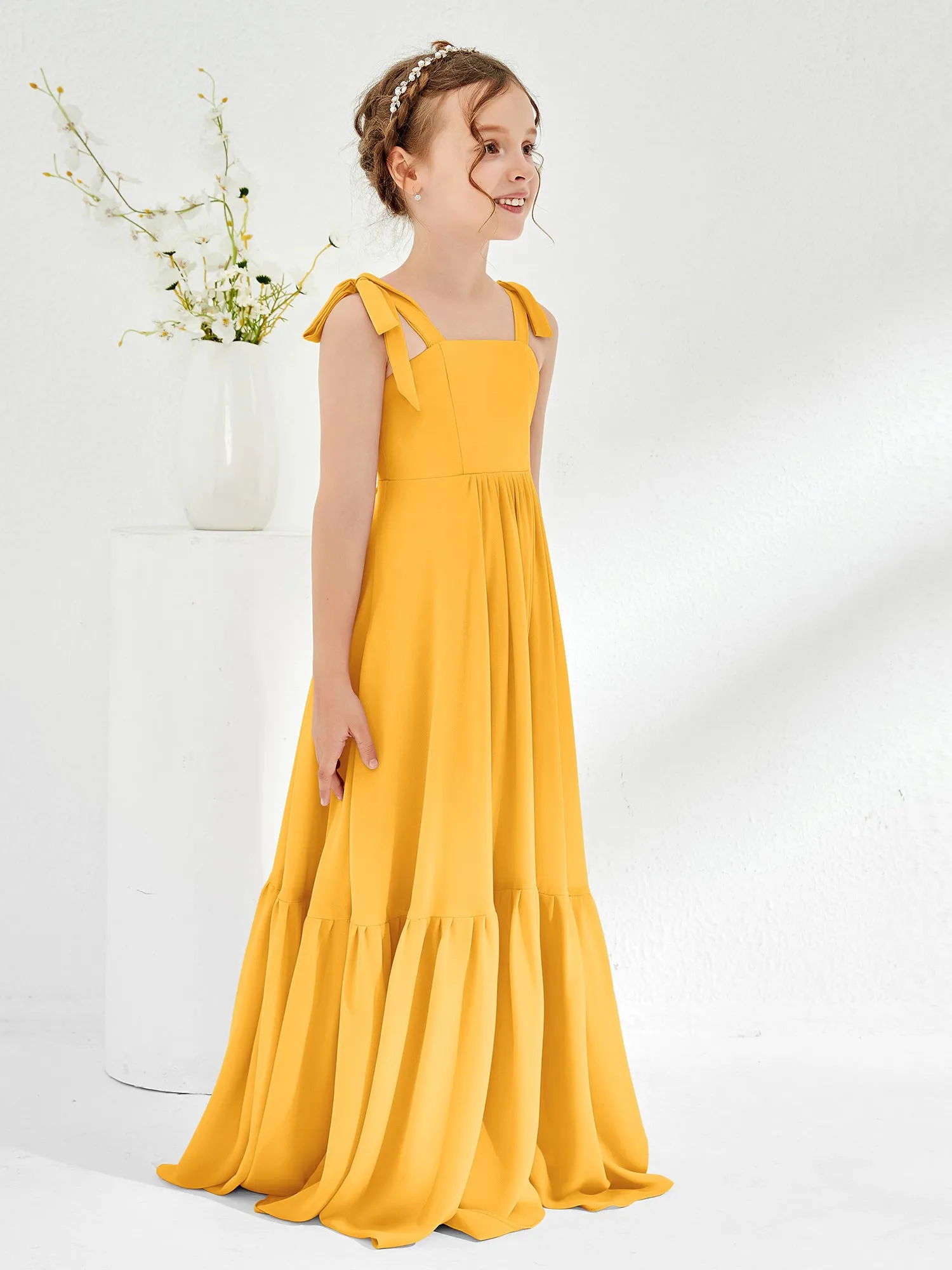 A-Line Bow Ruffle Junior Bridesmaid Dresses Tangerine