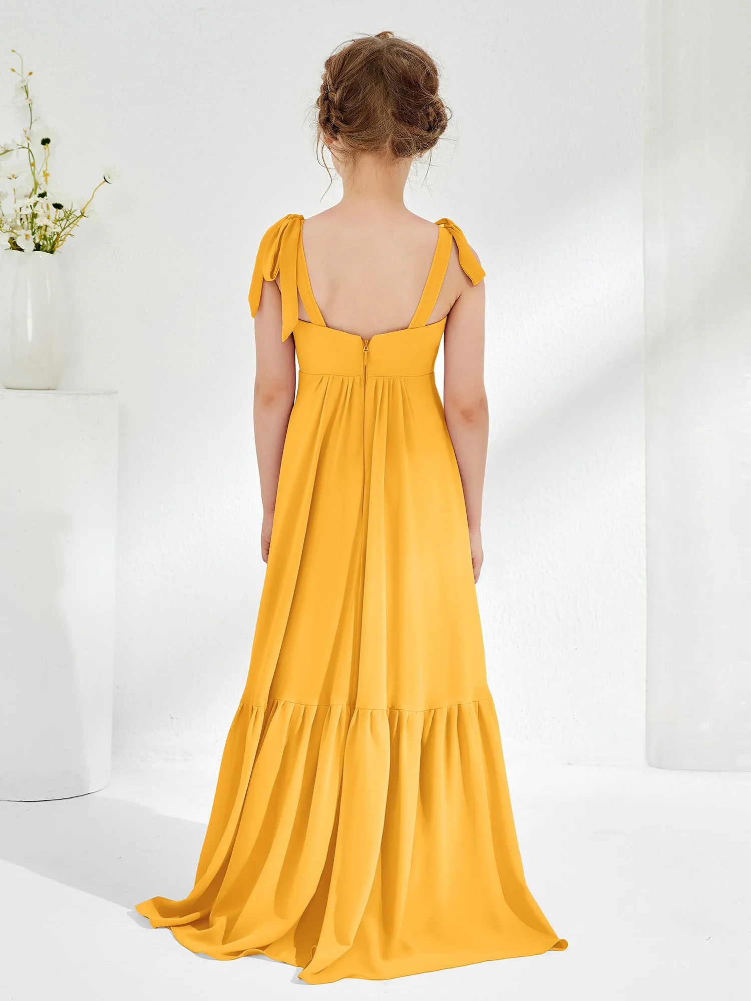 A-Line Bow Ruffle Junior Bridesmaid Dresses Tangerine