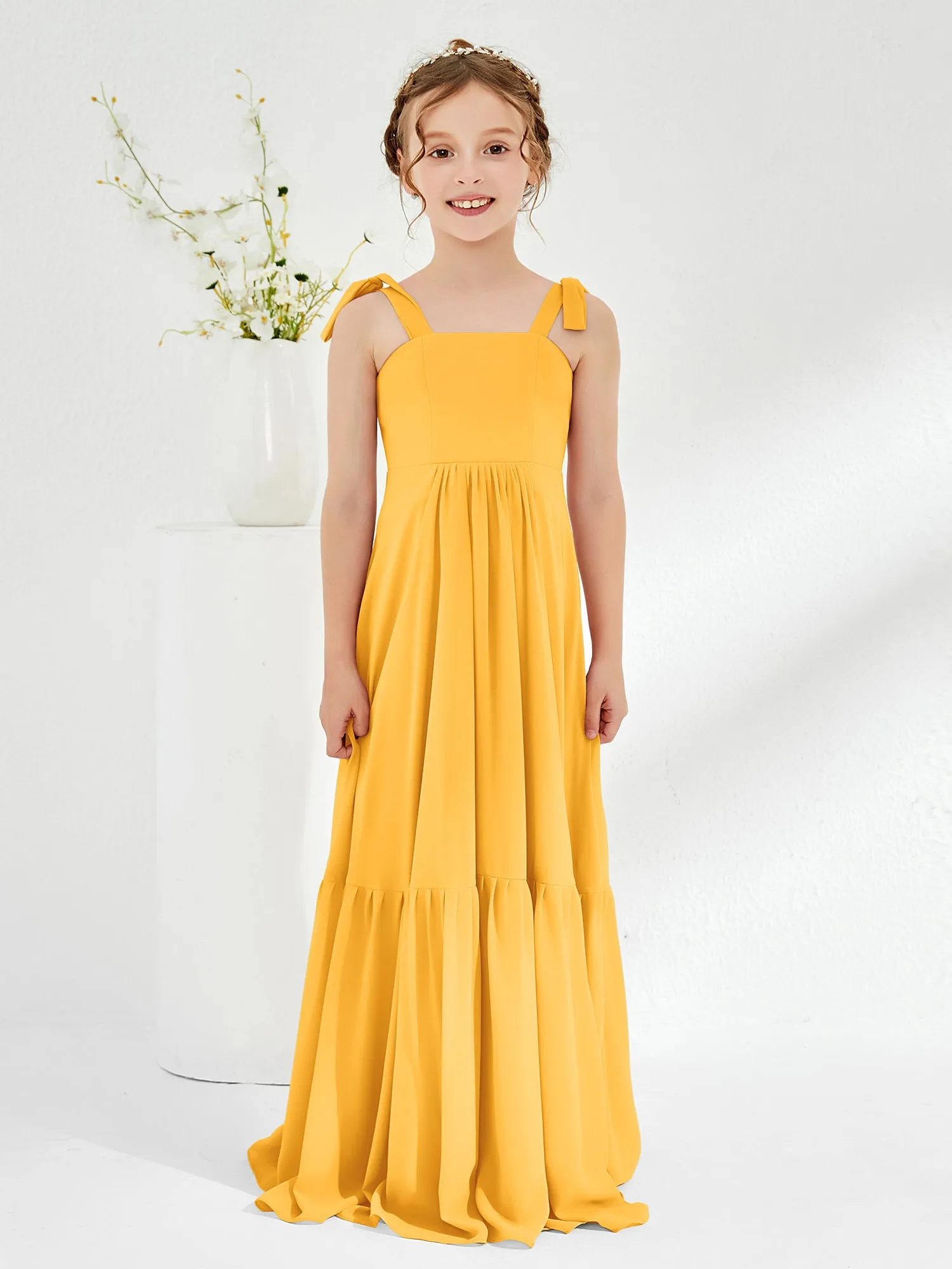 A-Line Bow Ruffle Junior Bridesmaid Dresses Tangerine